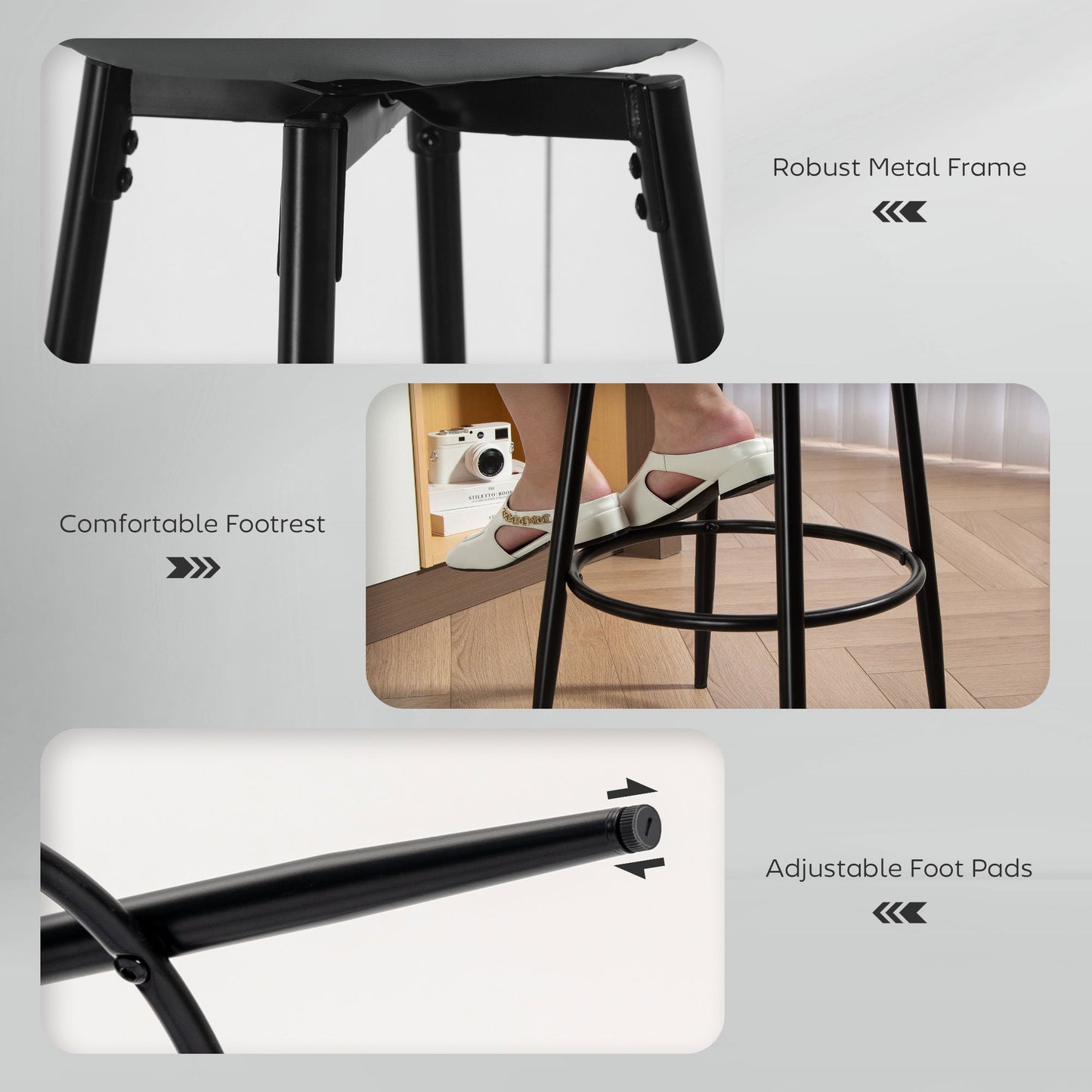 HOMCOM Set Of Two Faux Leather Bar Stools Grey And Black White Edge Stitching Cushioned 8 Cm Foam For Comfortable Dining