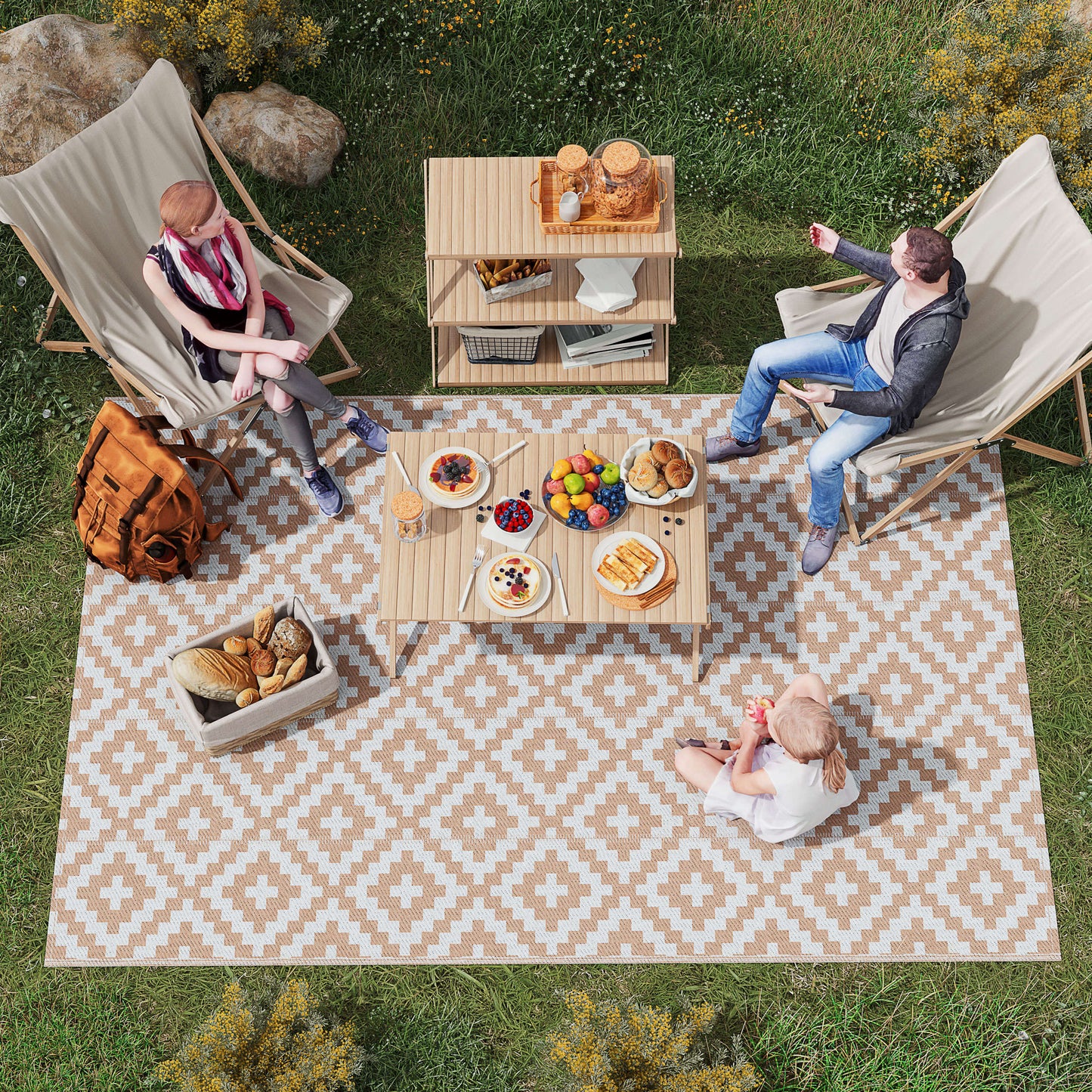 Outsunny Reversible Outdoor RV Rug, Patio Floor Mat, 274 x 182 cm Plastic Straw Rug for Garden, terrace, Beach, Camping, Coffee & White