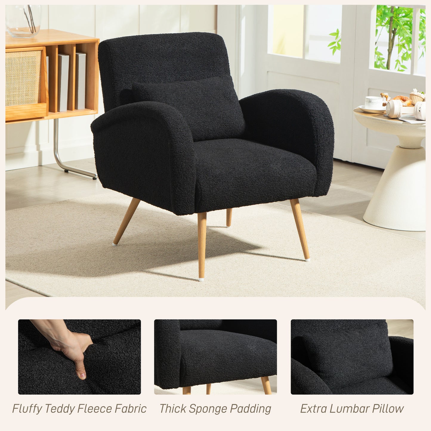 HOMCOM Teddy Fleece Accent Chair Black With Foam Padding And Metal Legs Wood Effect Finish