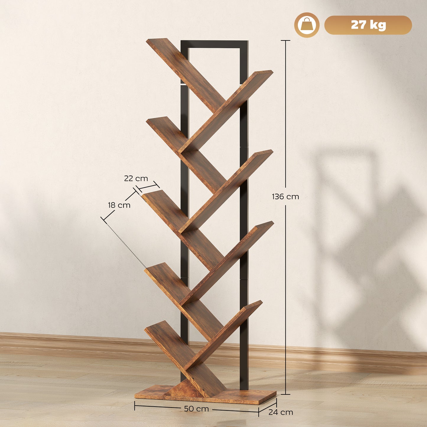 HOMCOM Eight-Section Tree Bookcase With Steel Frame In Wood-Effect Finish Multi-Tier Magazine And Book Storage Shelf
