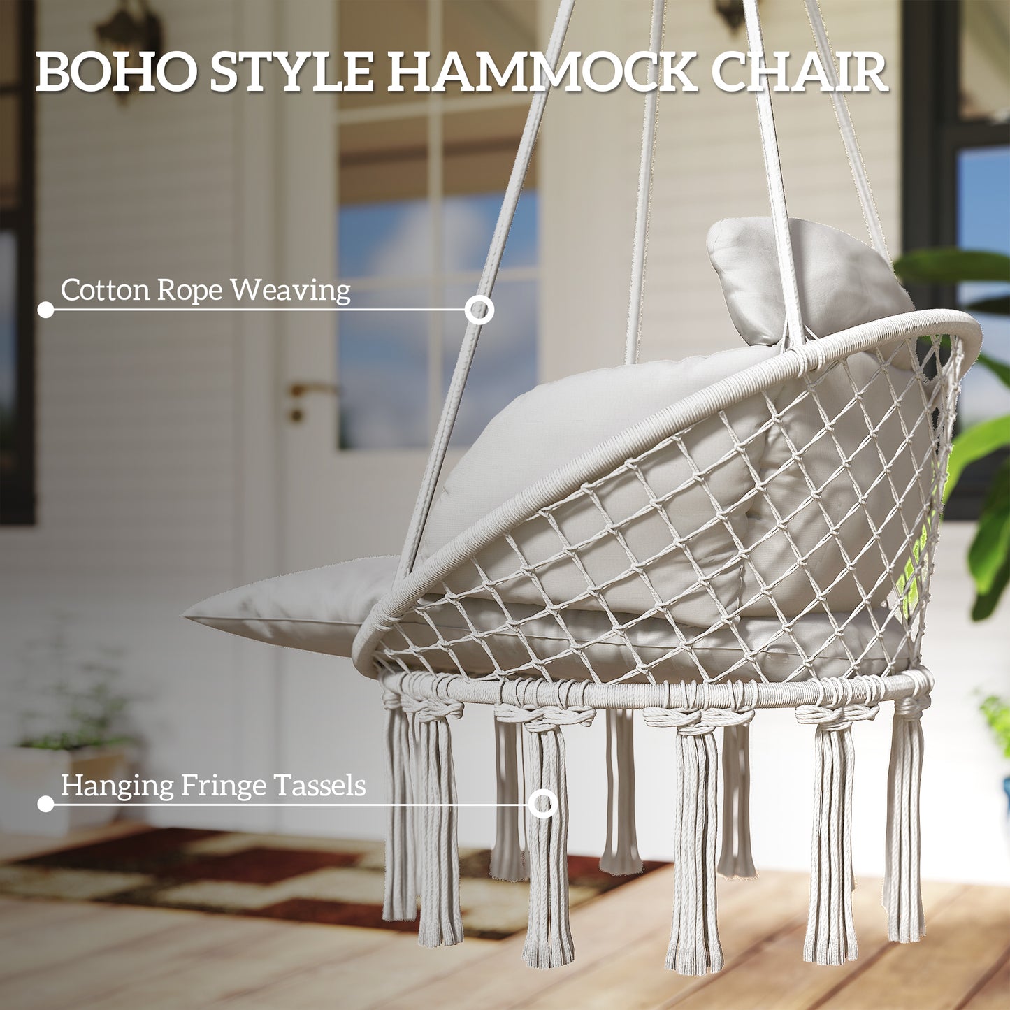 Outsunny Outdoor Hammock Chair With Plush Cushion Cotton Rope Boho Style Swing Cream White