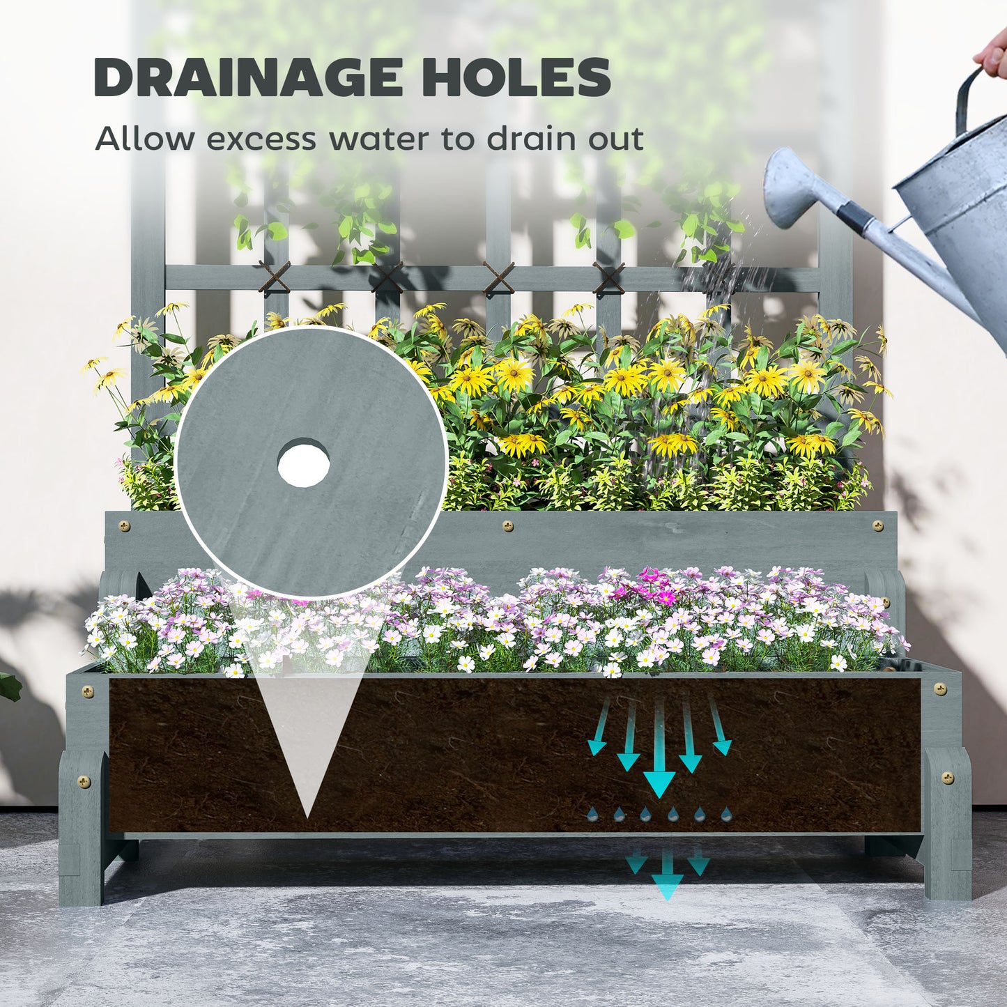 Outsunny 2 Tier Raised Garden Bed With Trellis Wooden Planter Box Drainage Holes Garden For Climbing Plants Grey