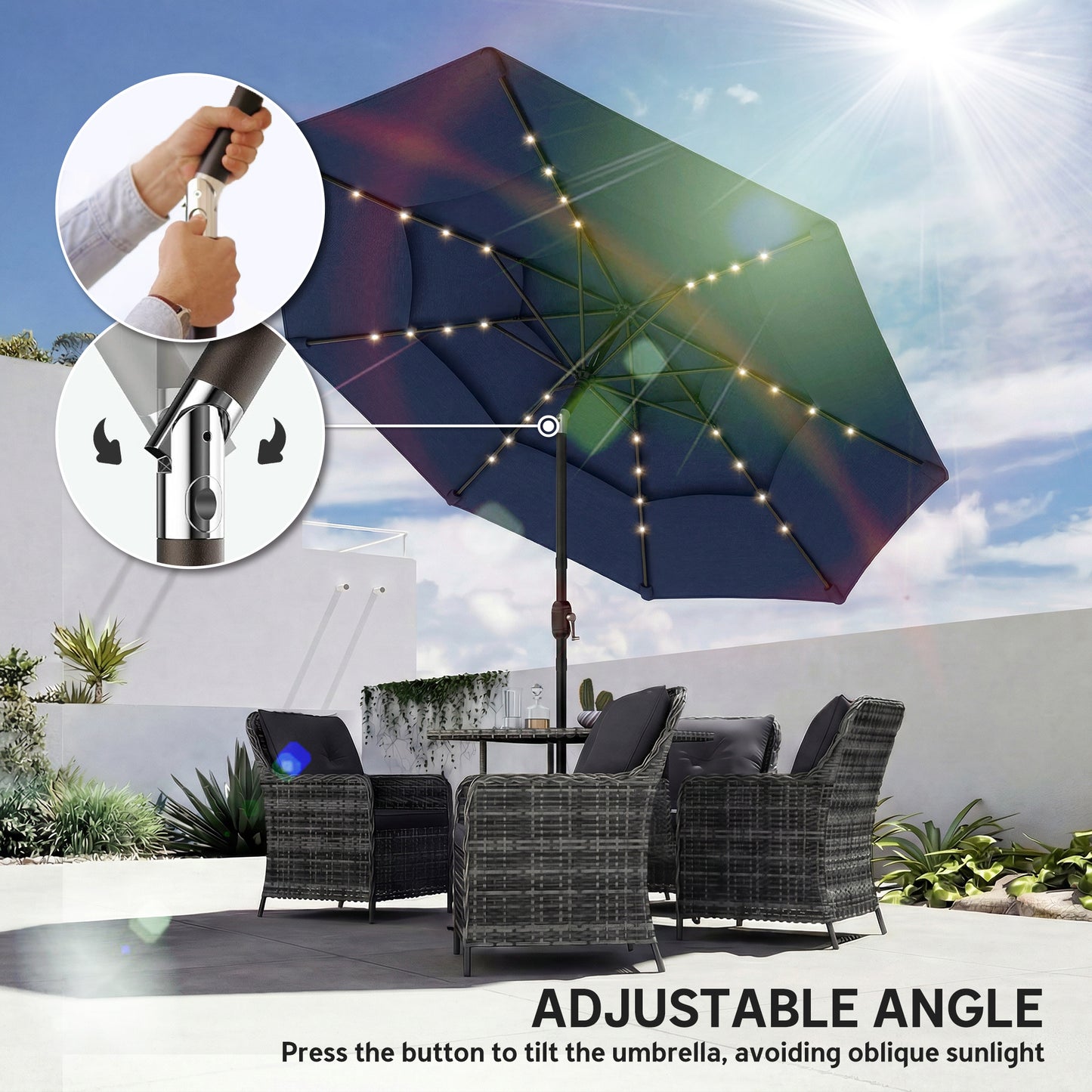 Outsunny 2 8 M Garden Parasol Umbrella With LED Solar Light Parasol Cover Navy Blue 3 Tier Outdoor Table Market Patio