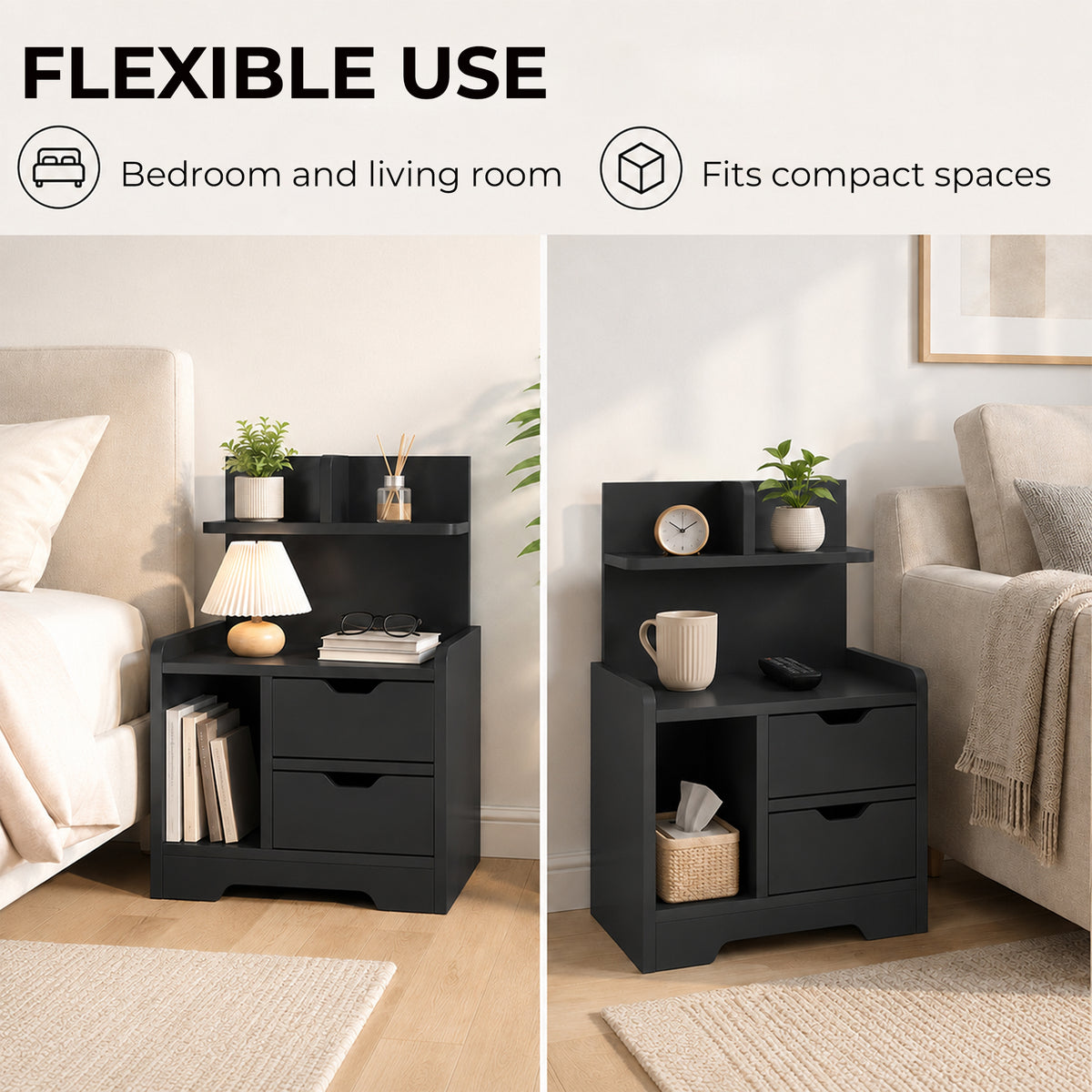 HOMCOM Black Wood Effect Bedside Table With Drawers And Shelf