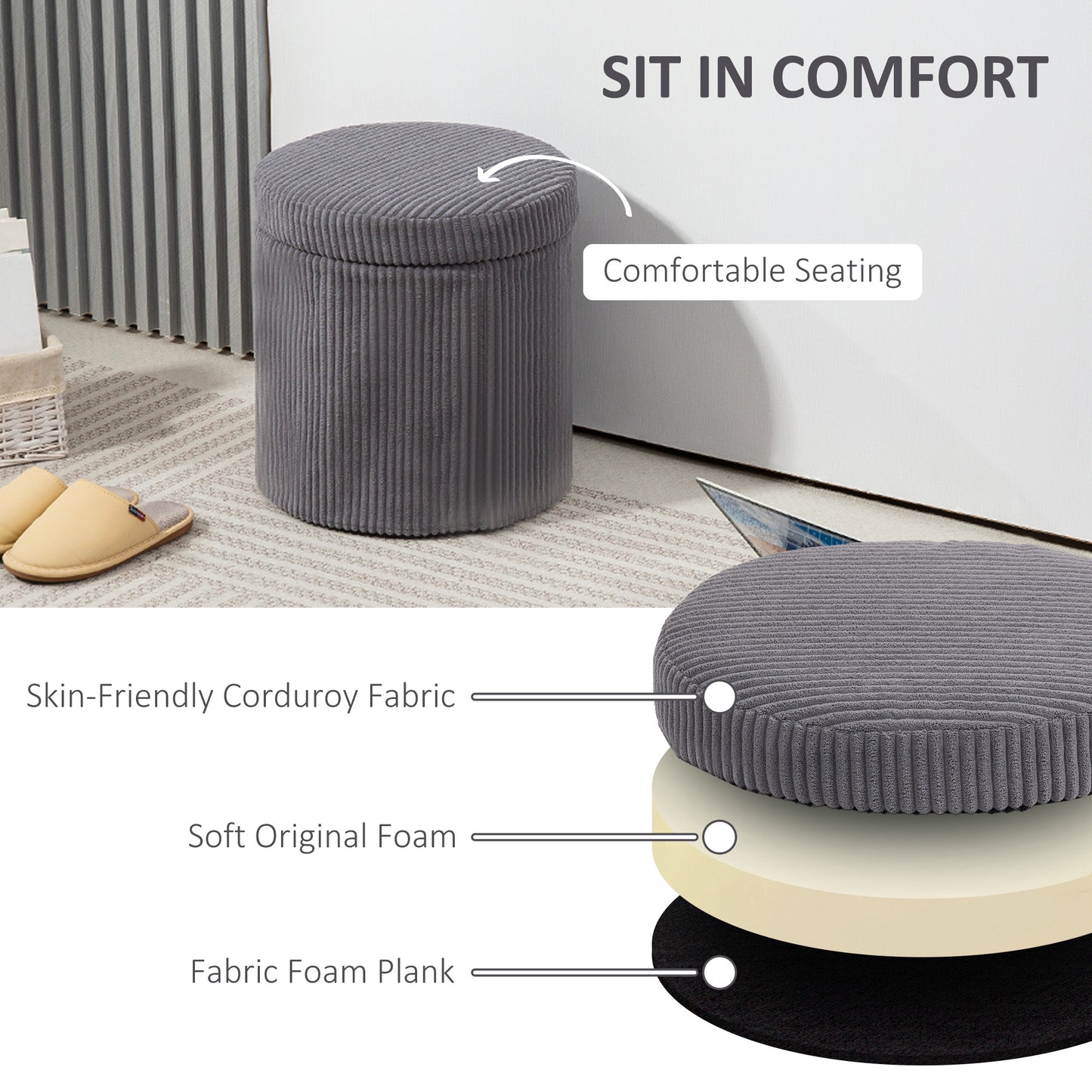 HOMCOM 40cm Storage Ottoman Corduroy Footstool With Removable Lid And Legs Vanity Stool For Living Room Bedroom Grey