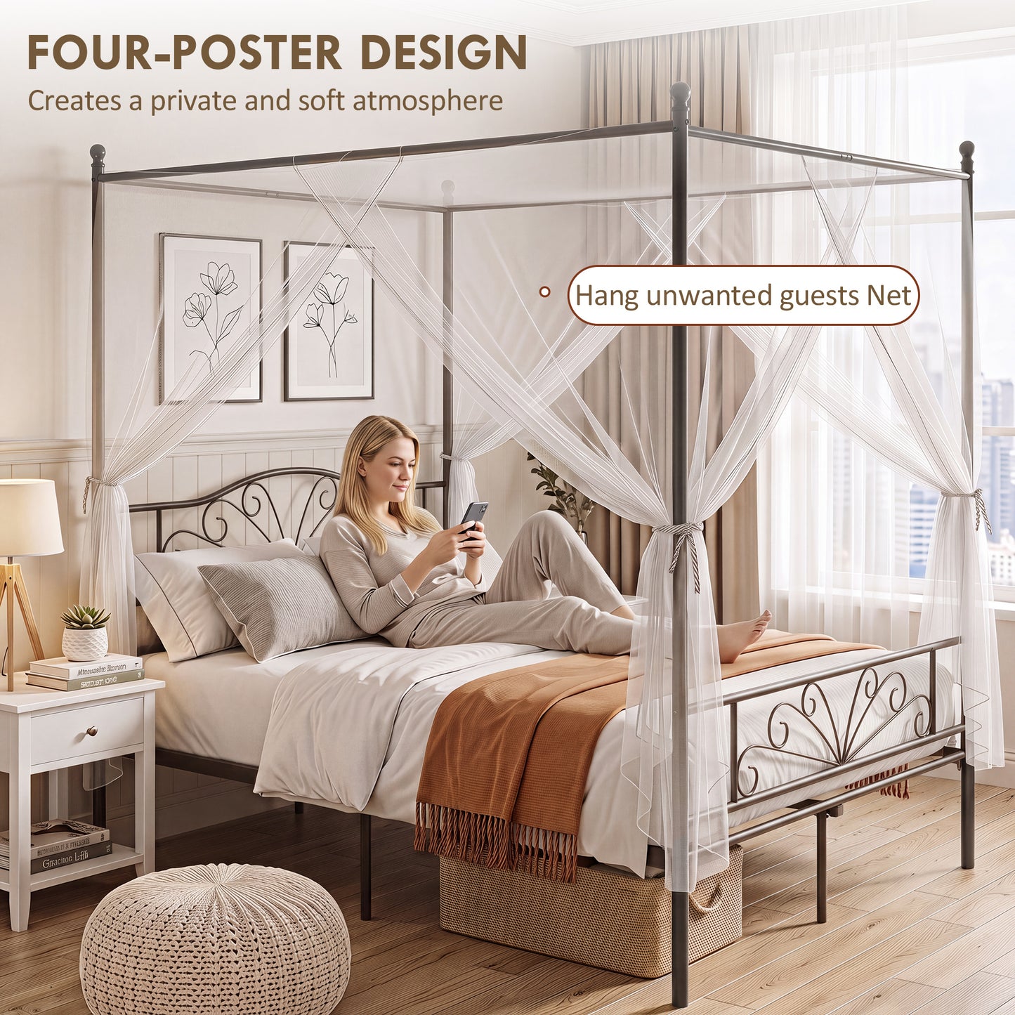 Homcom King Size Metal Platform Bed Frame With Canopy Posts Black