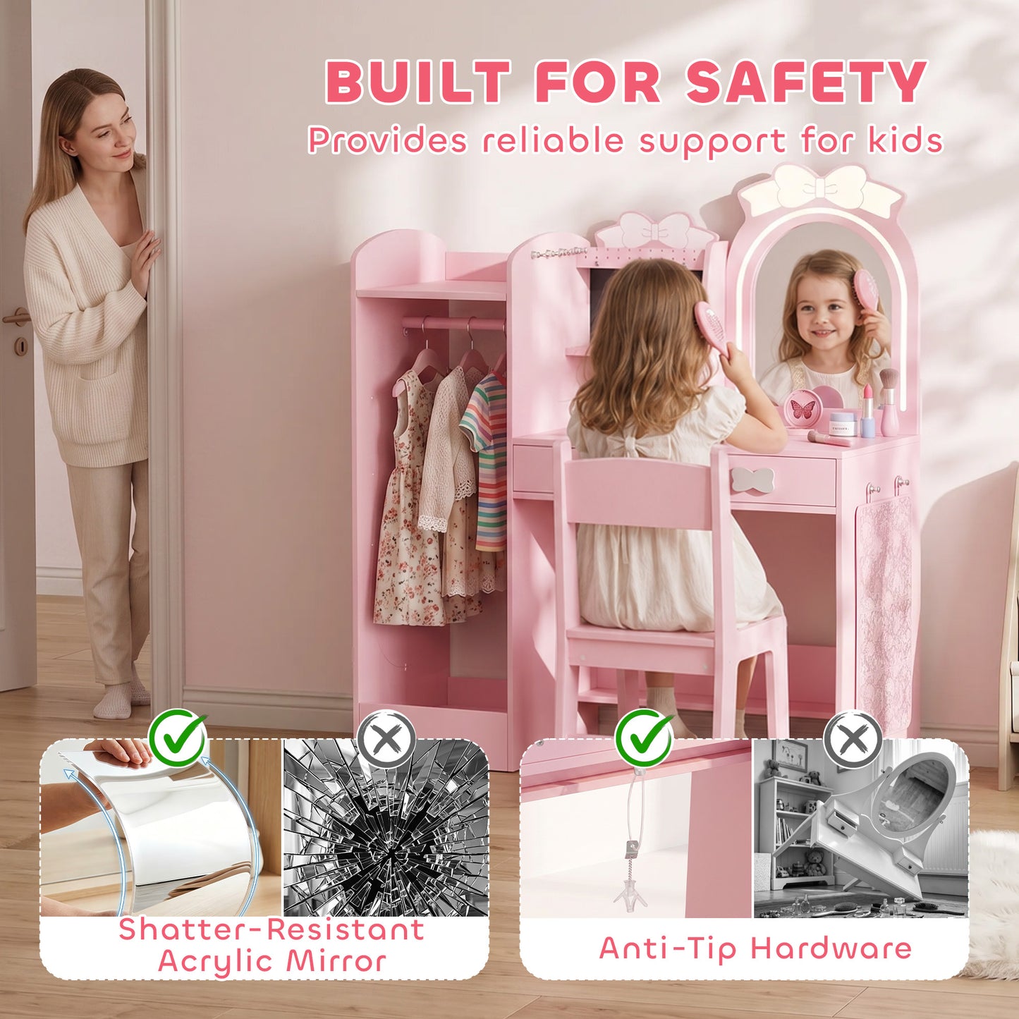 Aiplay Girls Dressing Table With Stool And Dual Color Light Mirror
