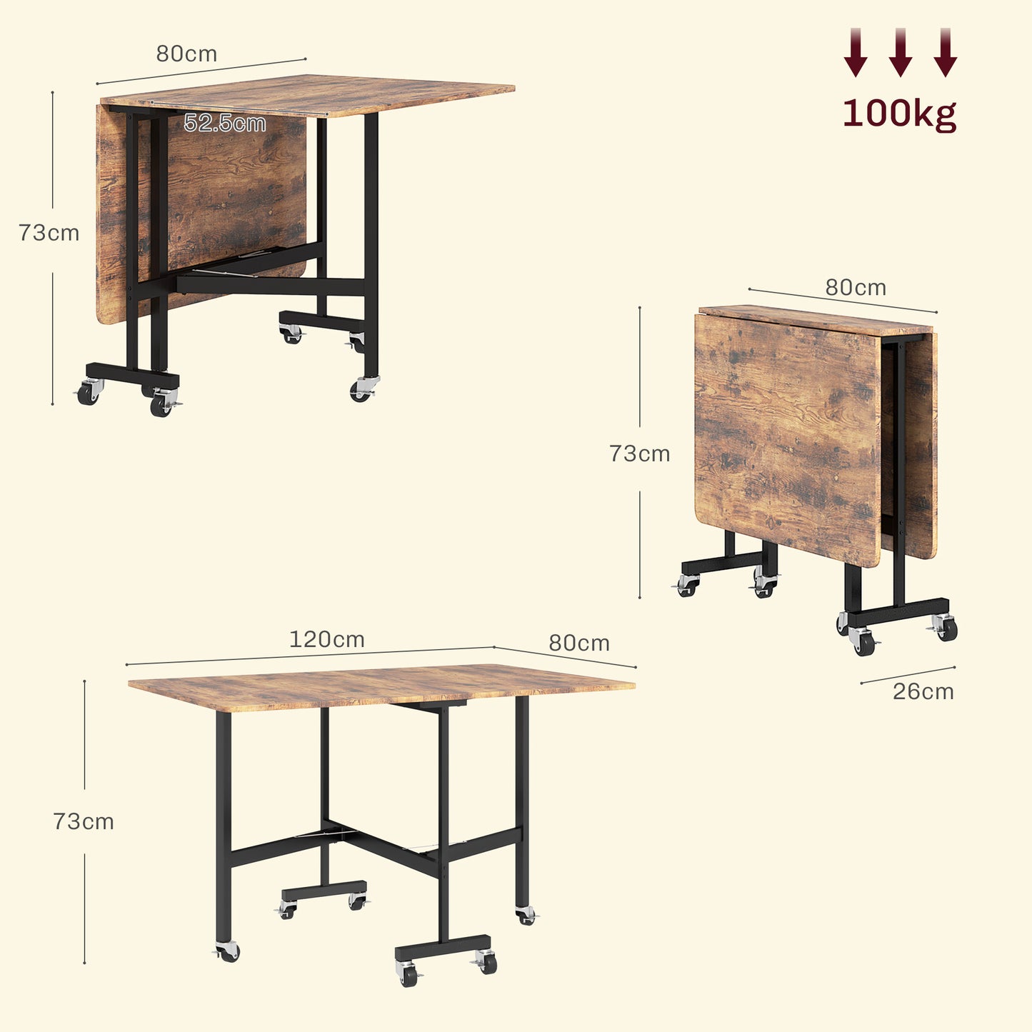 HOMCOM Six Seater Drop Leaf Dining Table With Wheels And Brakes Brown Wood Effect