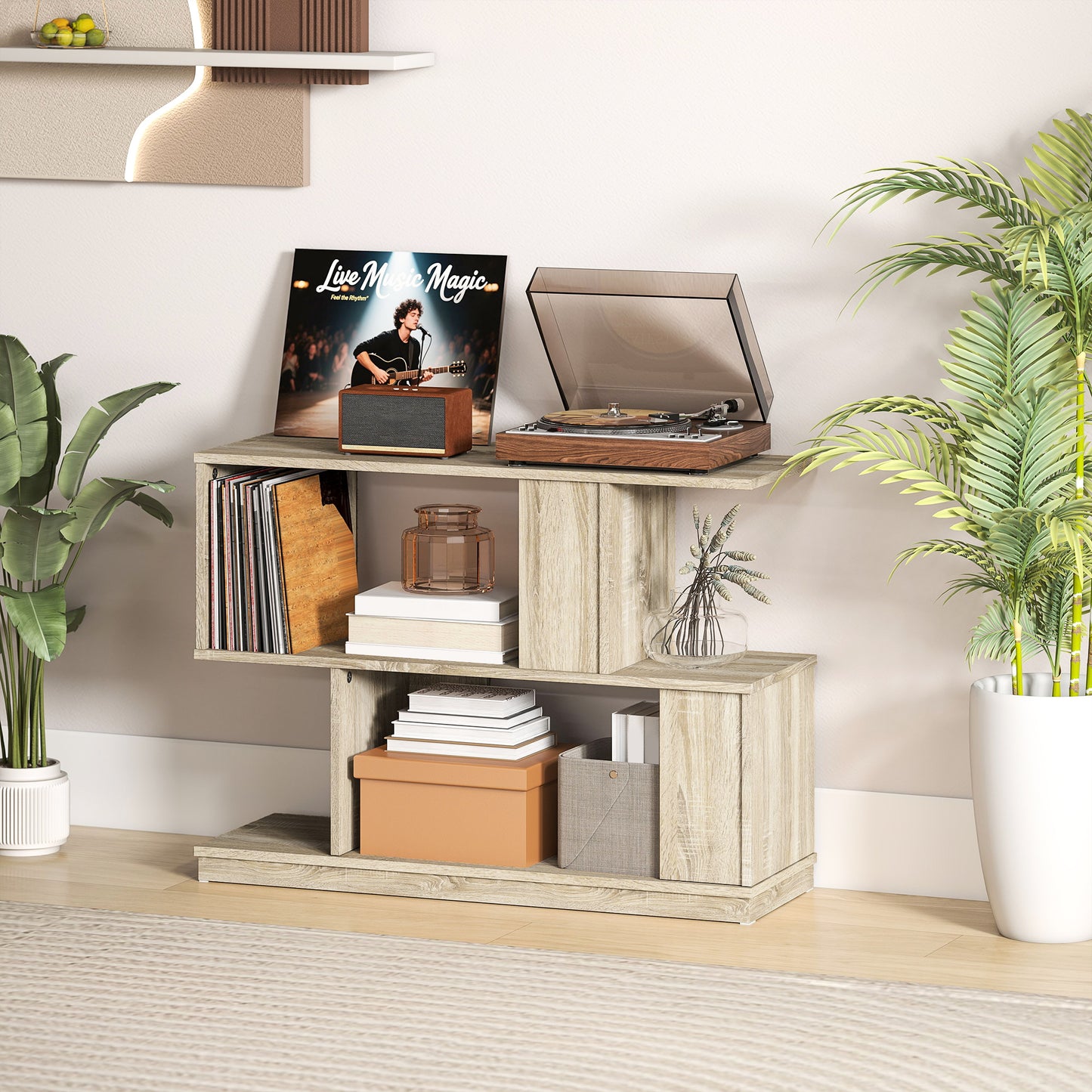 HOMCOM S Shaped Side Table Natural Wood Finish With Storage Compartments For Small Spaces