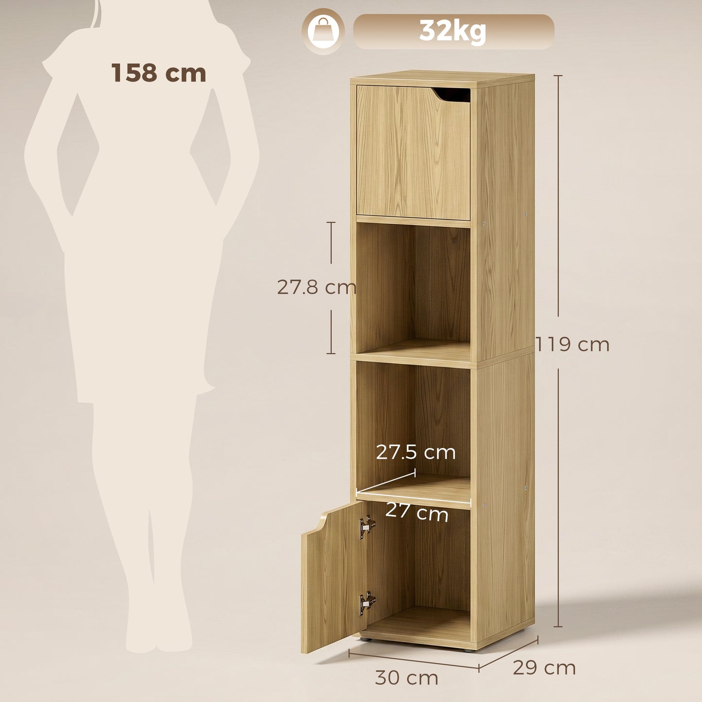 HOMCOM Narrow 4 Tier Bookcase With Doors Oak Finish For Living Room And Bedroom Storage Cabinet