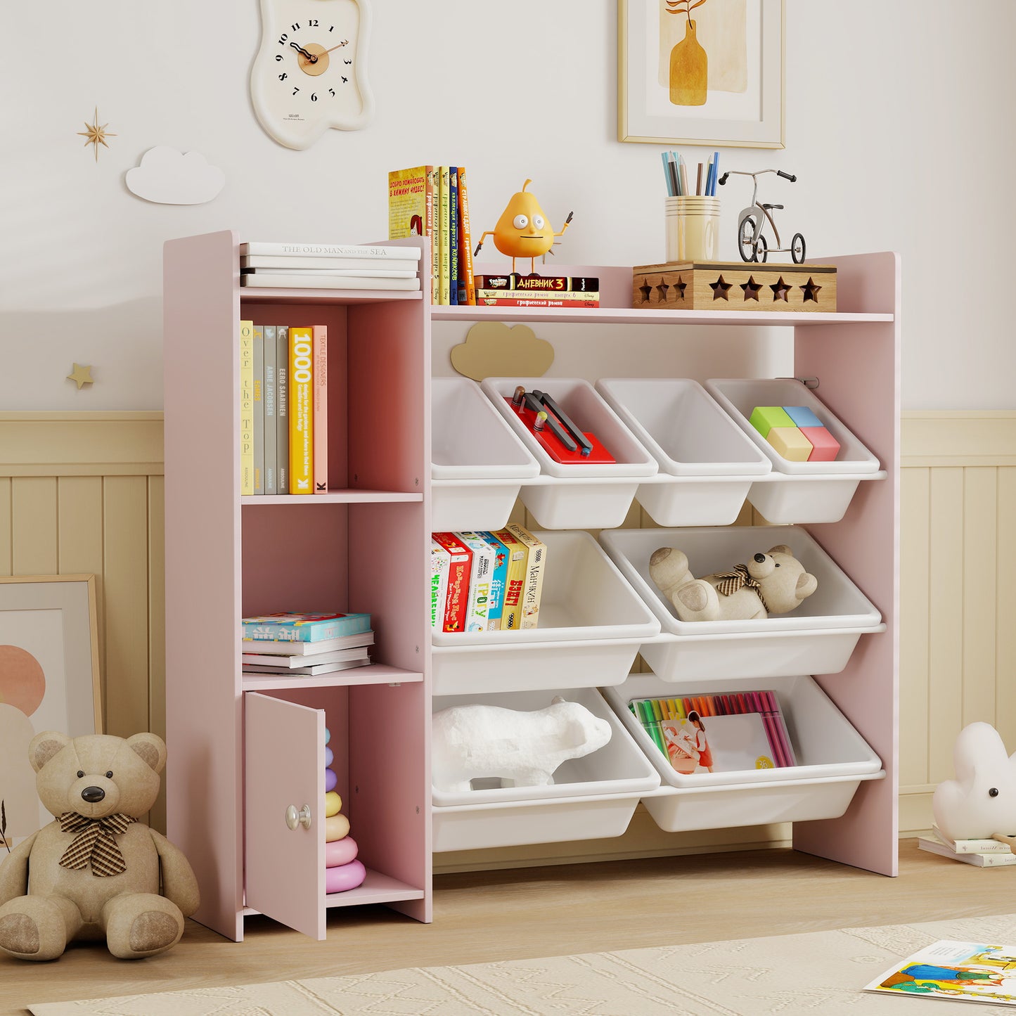 AIYAPLAY Pink Toy Storage Unit With 8 Removable Bins Shelves And Cabinet For Kids