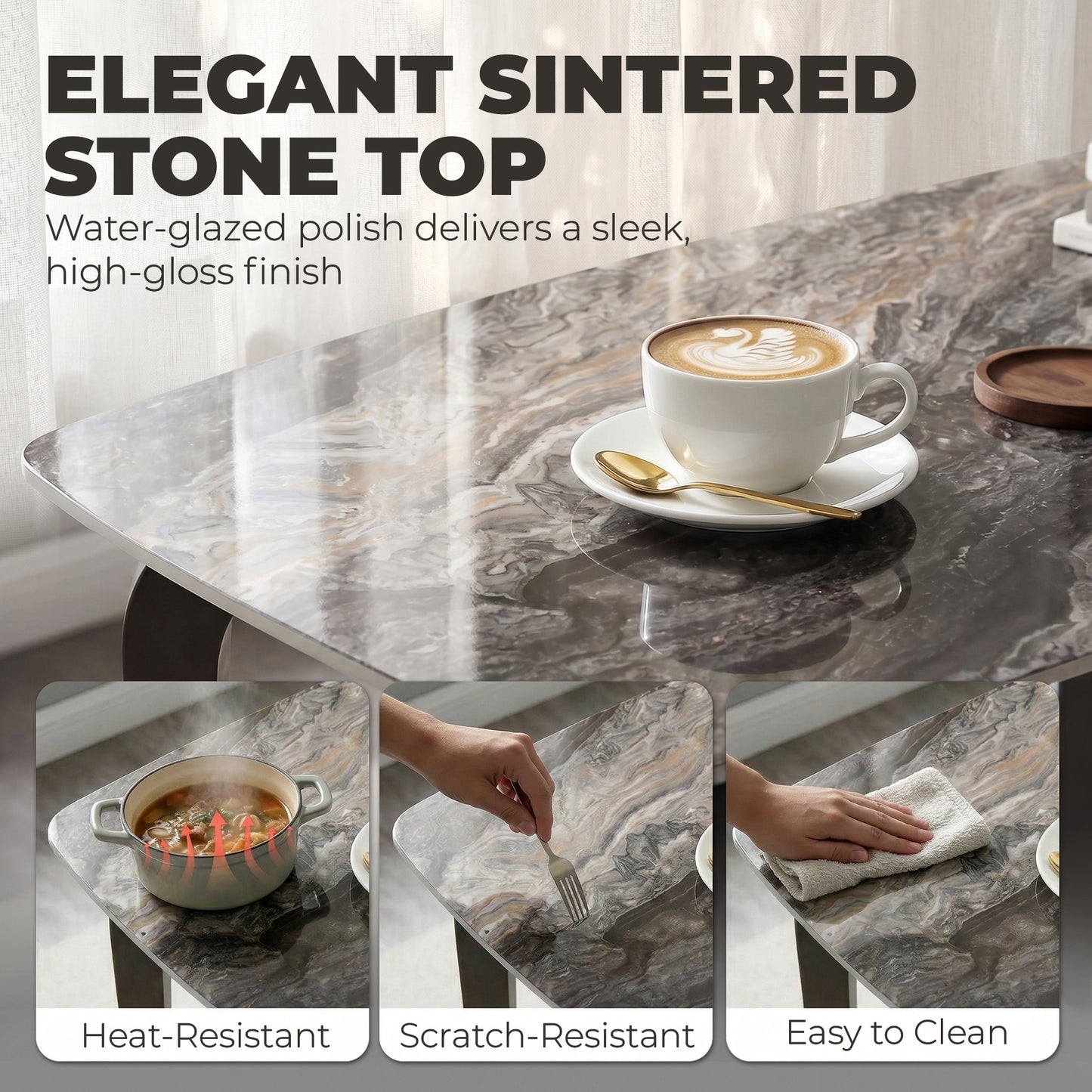 HOMCOM Dining Table for Four with Sintered Stone Top and Metal Legs in Brown, Heat and Scratch Resistant
