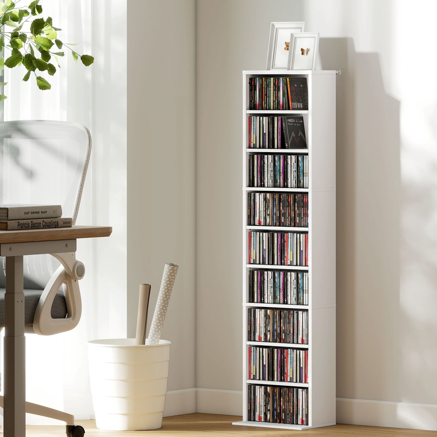 HOMCOM 260 CD Storage Unit Narrow White With Six Adjustable Shelves Ideal for CDs DVDs and Media Organization