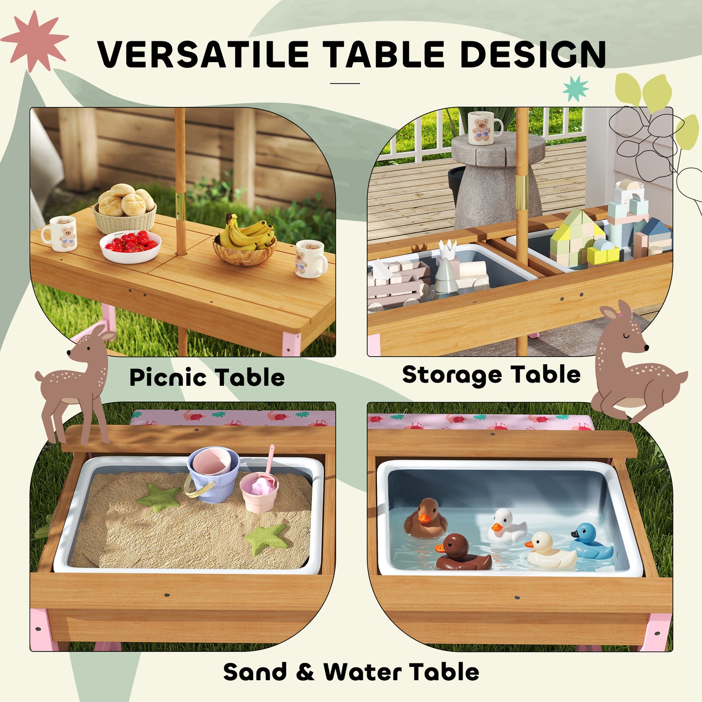 AIYAPLAY Kids Picnic Table Set With Removable Foldable Umbrella Cushions Storage Boxes Flamingo Theme Pink
