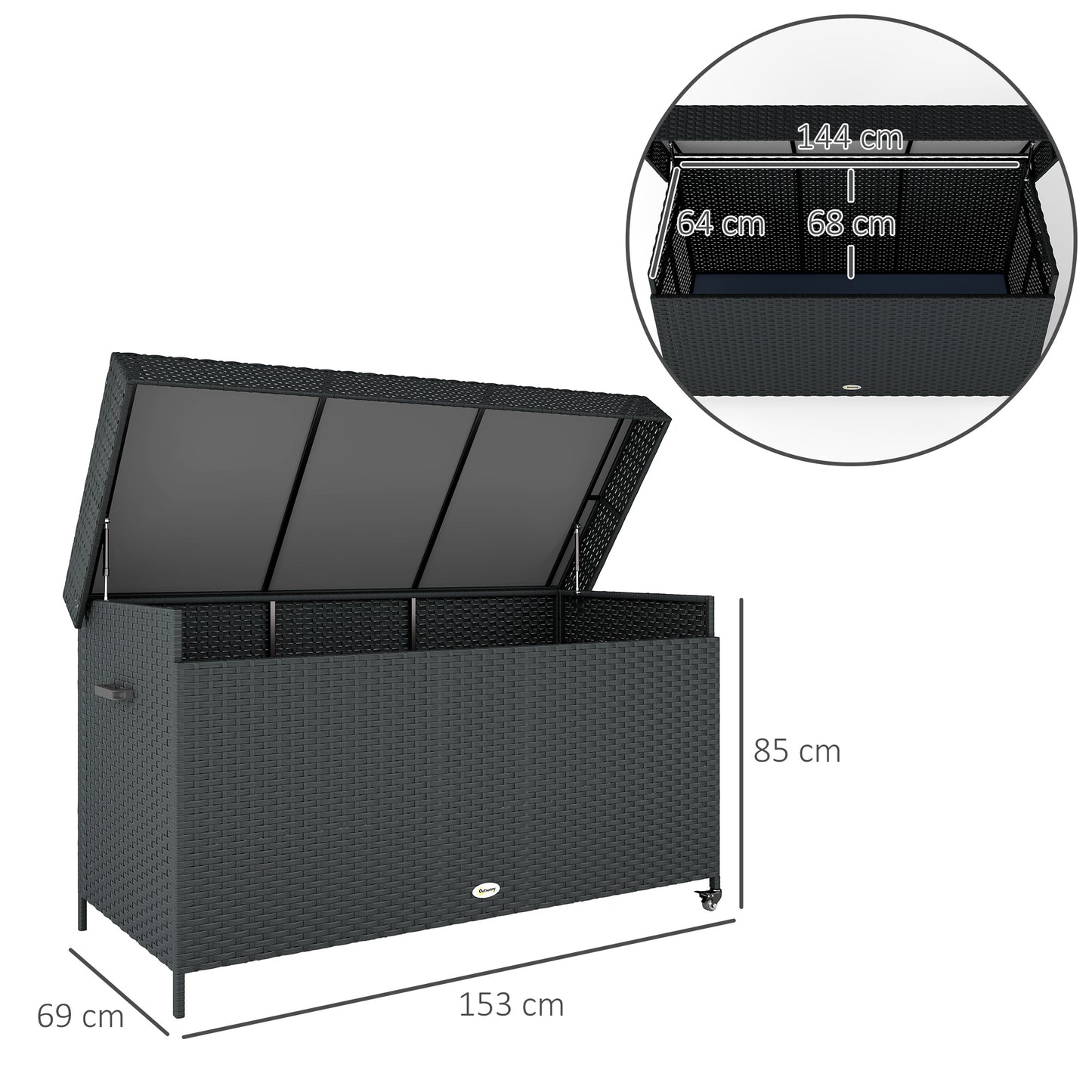 Outsunny 627 L Rattan Garden Storage Box Black With Gas Strut Lift And Steel Frame
