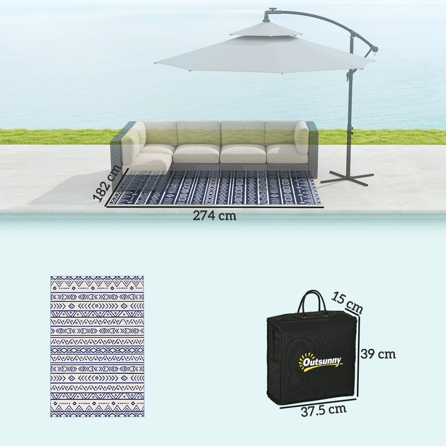 Outsunny Reversible Outdoor Rug with Carry Bag Waterproof Plastic Straw Mat 182 x 274 cm Dark Blue and White
