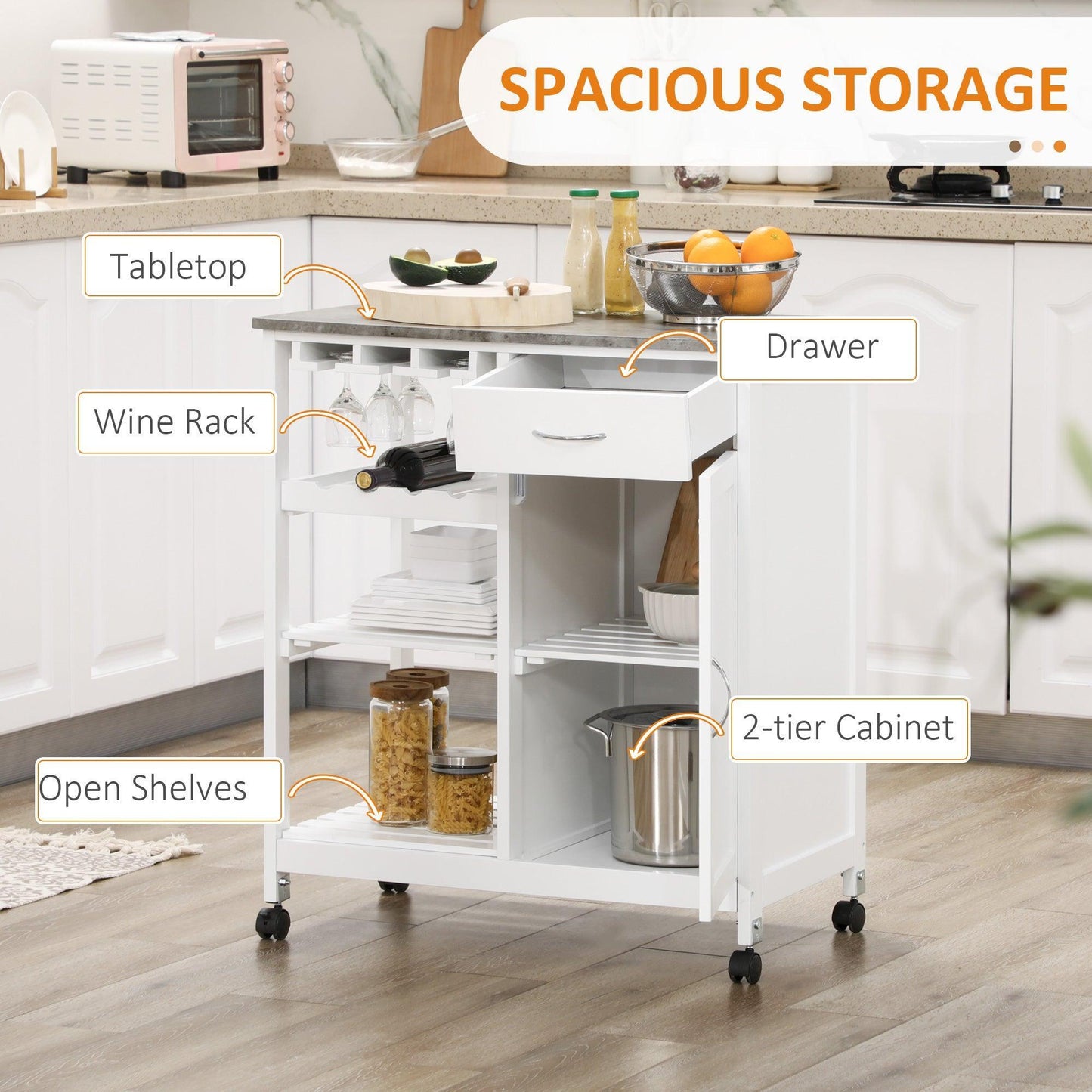 HOMCOM Compact White Kitchen Cart with Wine Rack & Storage - ALL4U RETAILER LTD