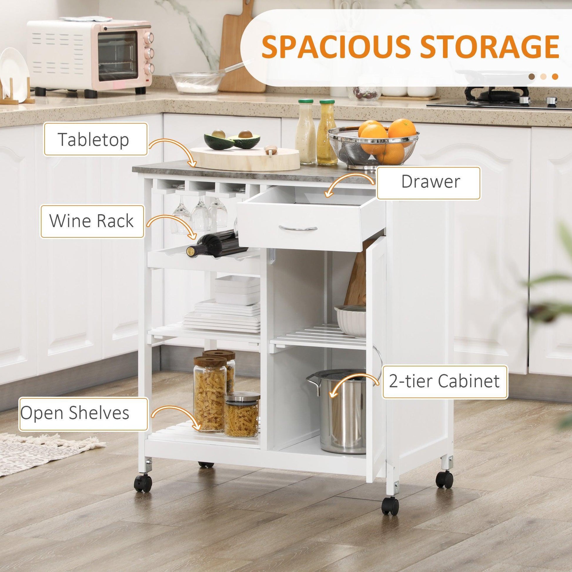 HOMCOM Compact White Kitchen Cart with Wine Rack & Storage - ALL4U RETAILER LTD