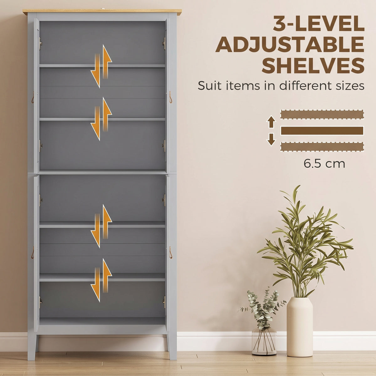 Grey pantry cupboard interior with three adjustable shelf levels