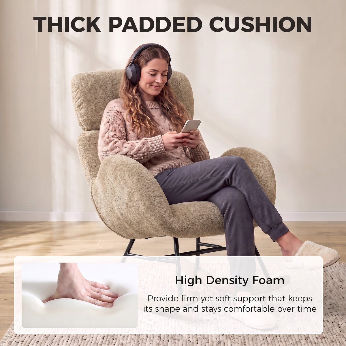 HOMCOM Upholstered Rocking Chair with Adjustable Headrest Light Brown Velvet