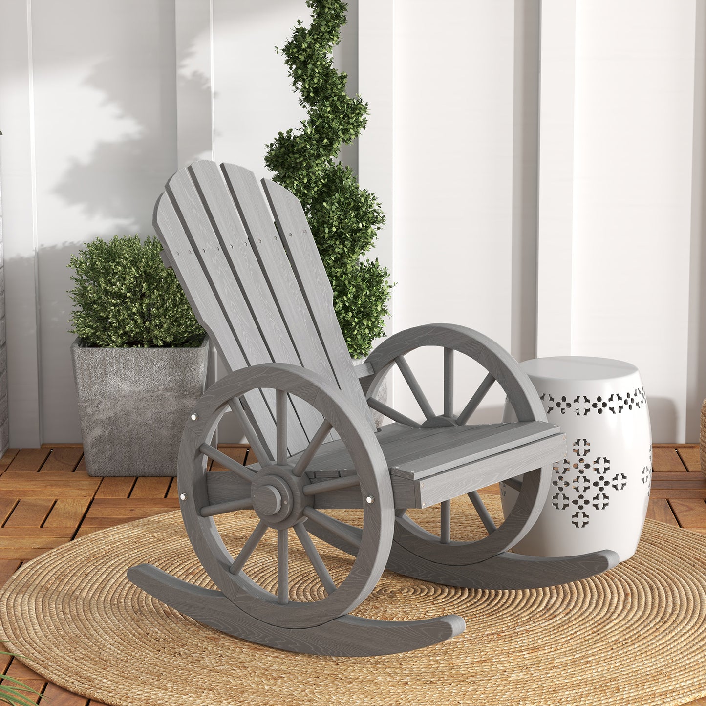 Outsunny Wooden Adirondack Rocking Chair Recliner Outdoor Garden Furniture Grey Patio Porch Rocker