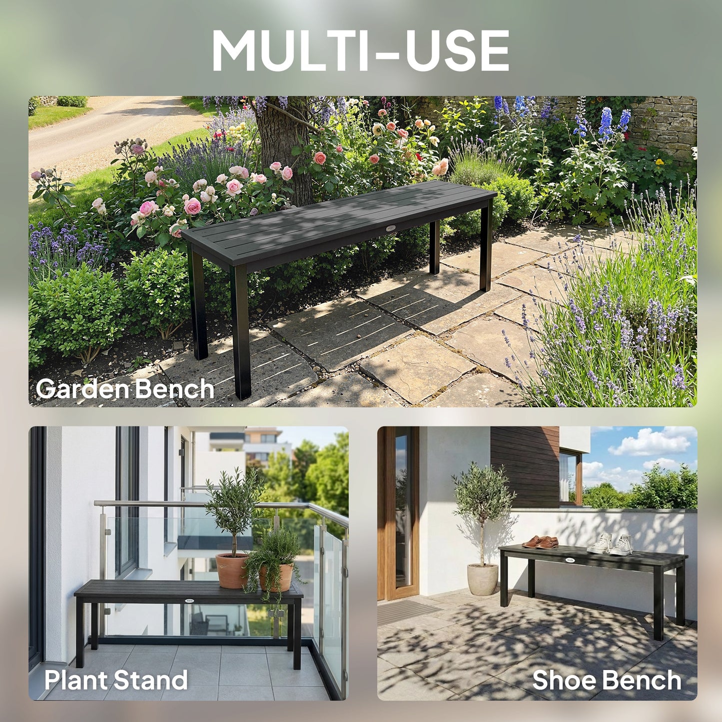 Outsunny 2 Seater Garden Bench Outdoor Loveseat Wood Effect Slatted Seat Steel Frame Grey Patio Park