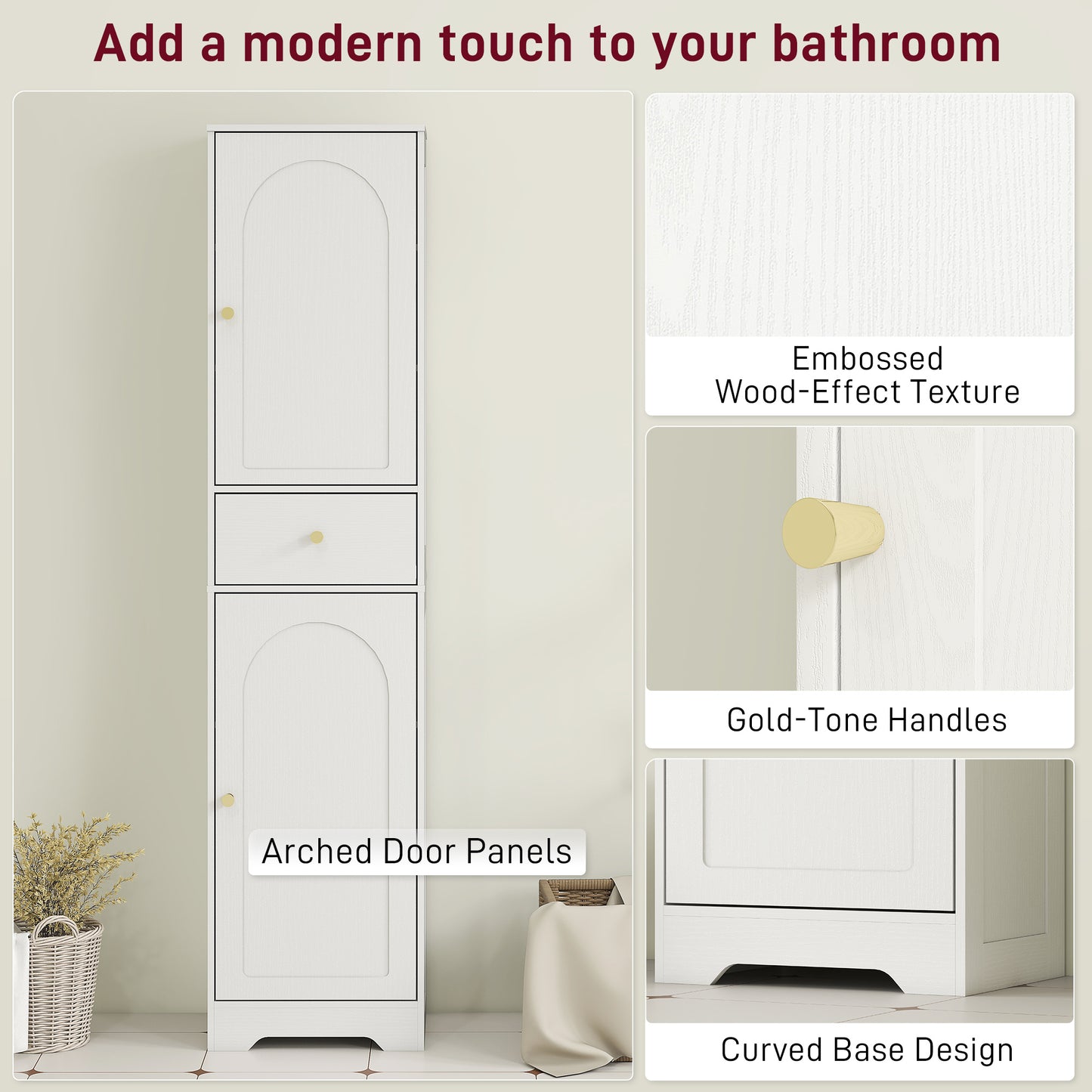 HOMCOM Tall Bathroom Cabinet With Arched Doors White Slim Storage With Two Cupboards And Middle Drawer