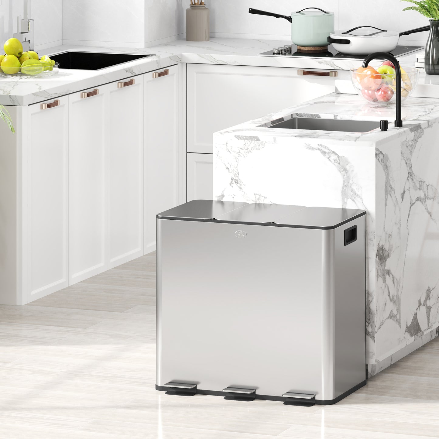 HOMCOM 3 X 15L Pedal Bin Stainless Steel Triple Kitchen Bin With Soft Close Lid And Removable Inner Buckets