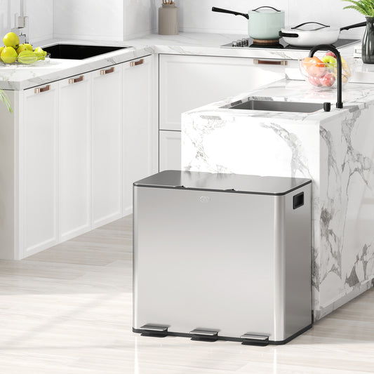 HOMCOM 3 X 15L Pedal Bin Stainless Steel Triple Kitchen Bin With Soft Close Lid And Removable Inner Buckets