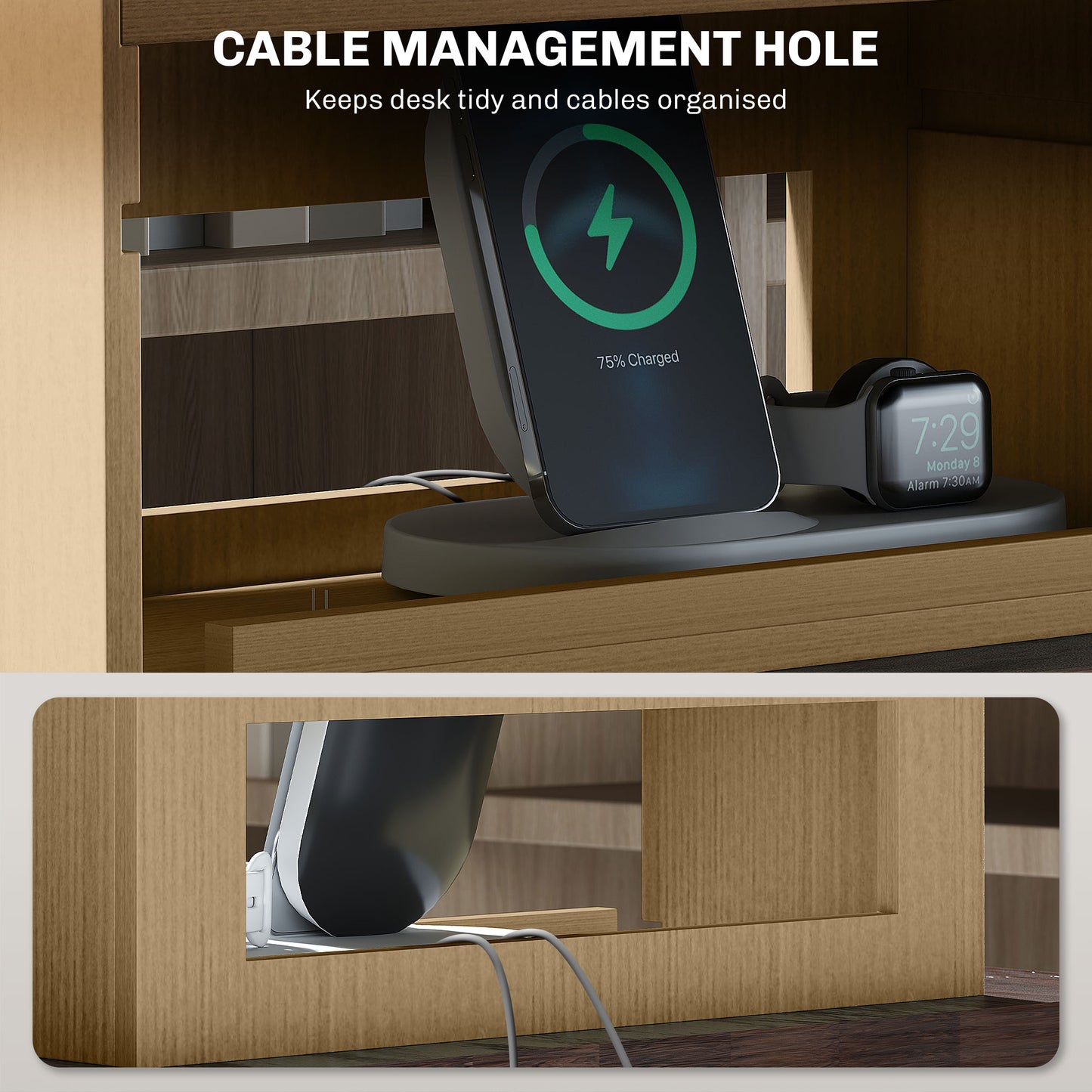 HOMCOM Adjustable Oak Tone Desktop Storage Organizer with Cable Management - ALL4U RETAILER LTD