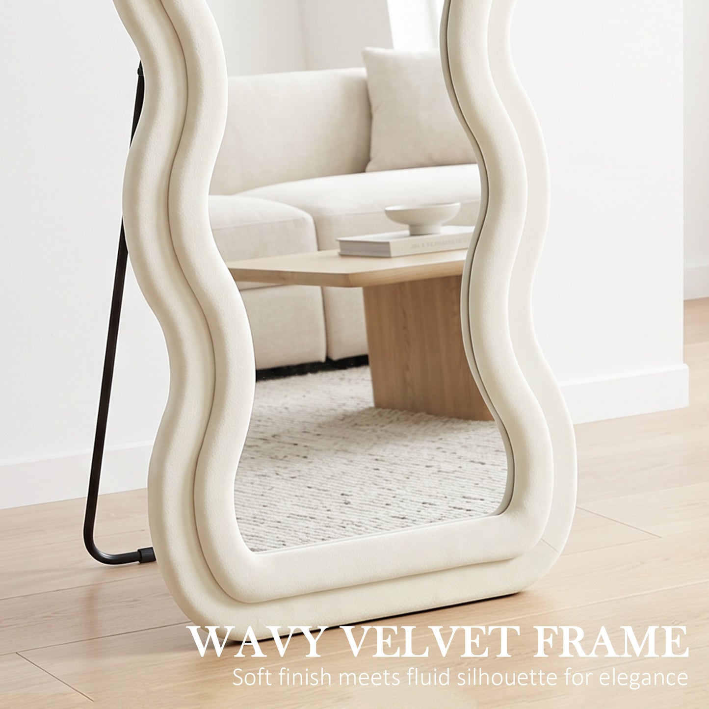 HOMCOM Full Length Mirror 160 x 60 cm Wavy Velvet Frame Wall Standing Mirror With Tempered Glass Cream White