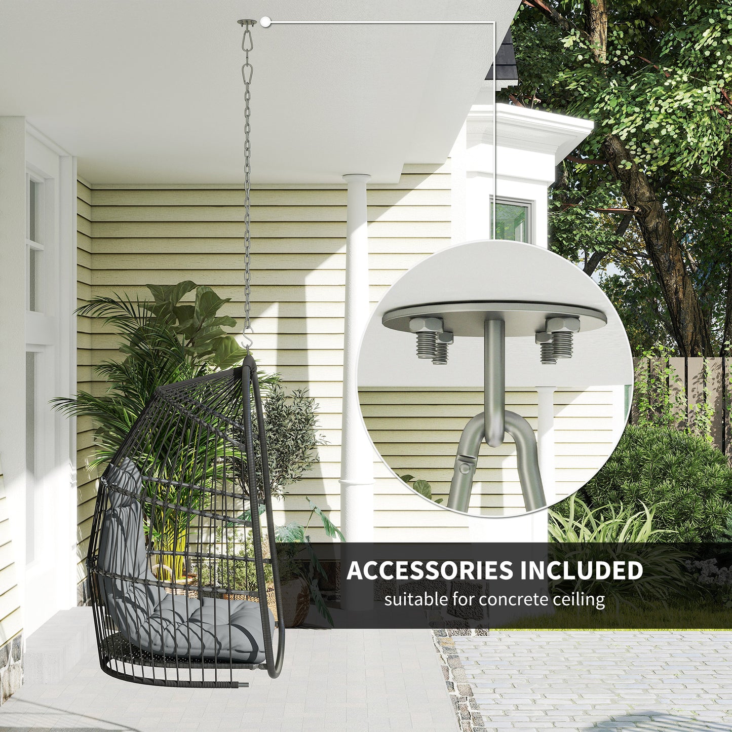 Outsunny Hanging Egg Chair With Foldable Rattan Garden Swing And Thickened Cushion For Indoor Outdoor Patio Dark Grey