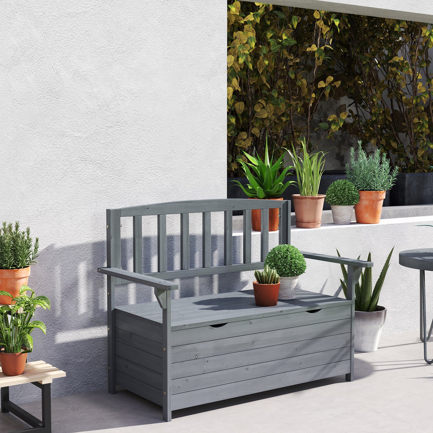 Outsunny Two Seater Garden Storage Bench Built From Fir Wood With Hidden Tool Storage Grey
