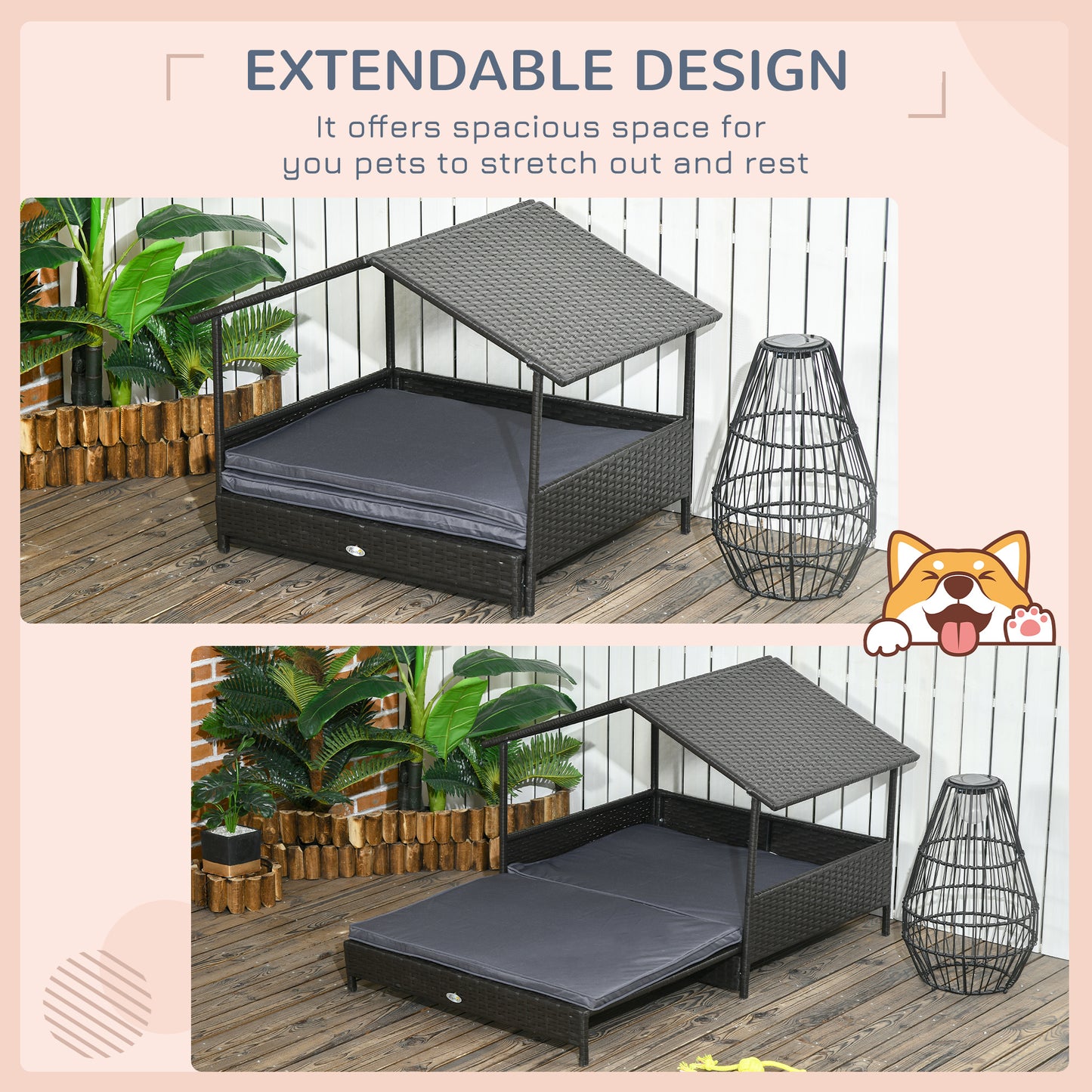 PawHut Expandable Outdoor Dog Bed with Rattan House and Water-Resistant Roof, Includes Removable Cushion for Small to Medium Breeds - Grey - ALL4U RETAILER LTD