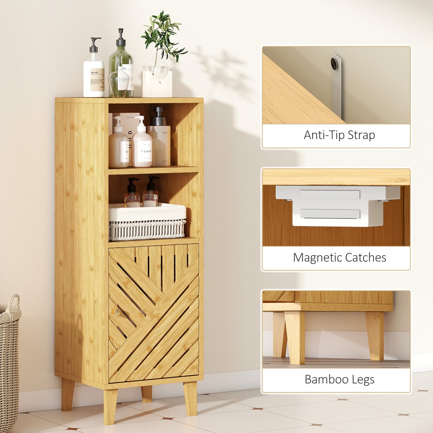 HOMCOM Slim Bathroom Cabinet With Bamboo Door And Legs Freestanding Storage Cupboard Compartments Natural Wood Finish