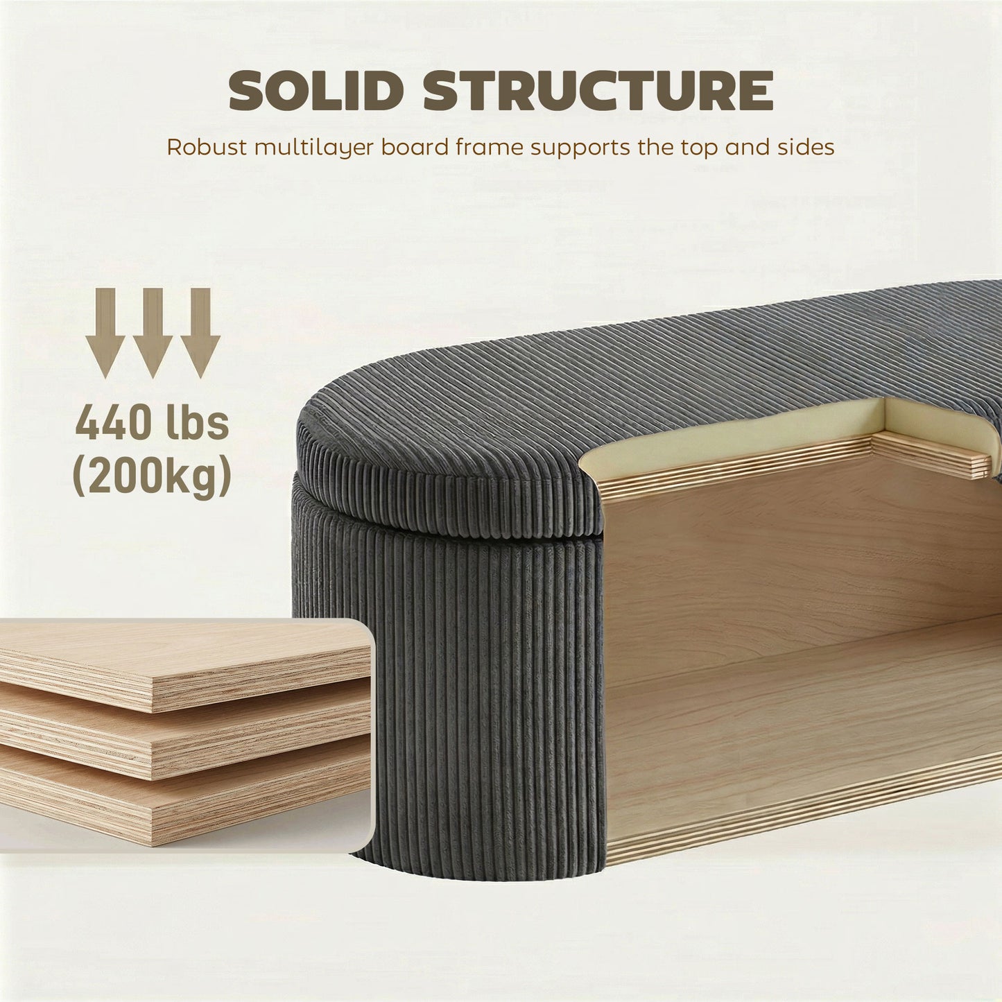HOMCOM Storage Ottoman Corduroy Upholstered Storage Box With Padded Seat Dark Grey