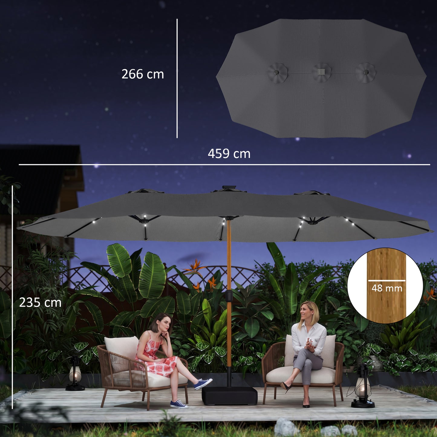 Outsunny Double Sided Garden Parasol With Base Included 48 Solar LED Lights Patio Umbrella Crank Handle 4.6m Light Grey