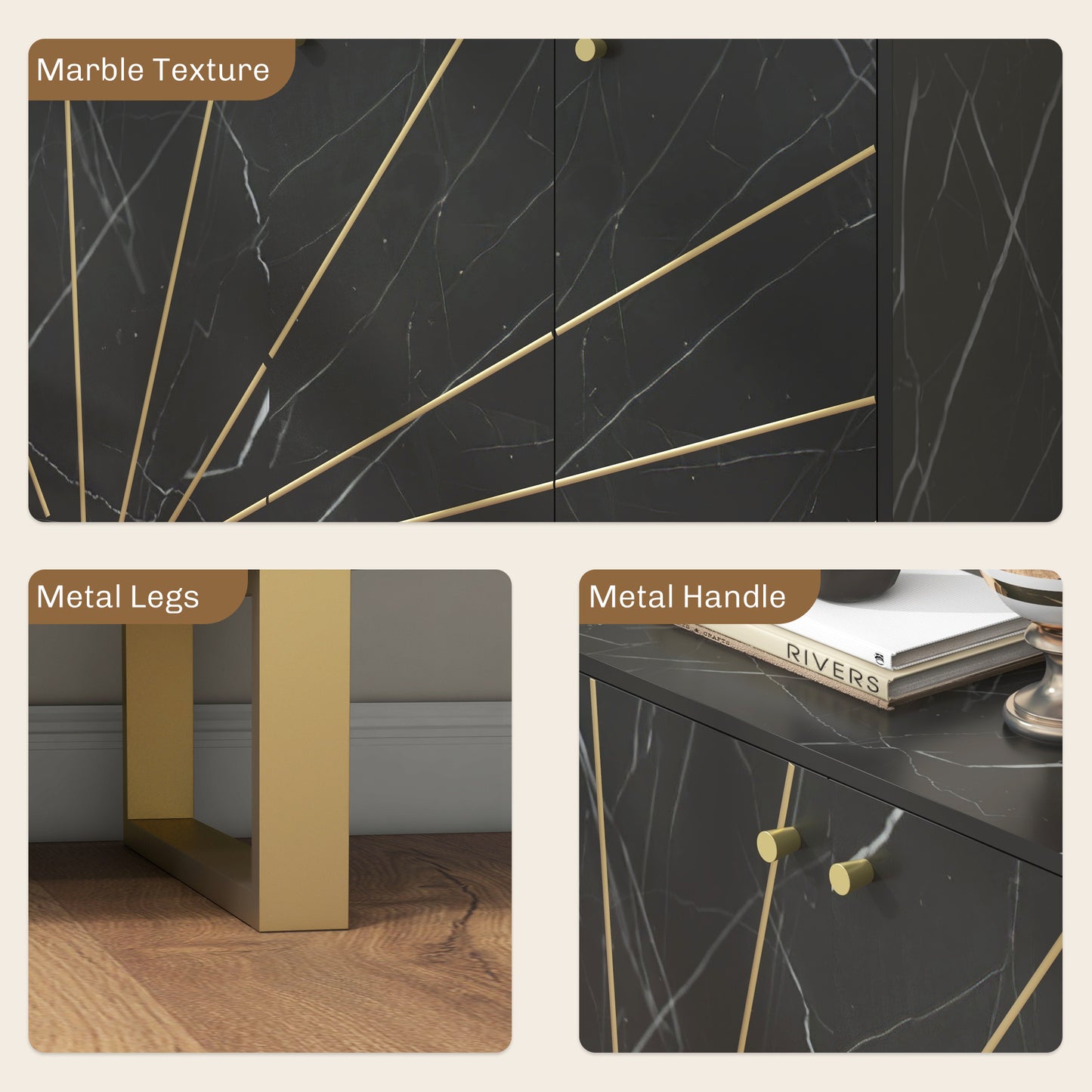 HOMCOM Sideboard Storage Cabinet Modern with Adjustable Shelves and Metal Legs Black Marble Tone for Living Room