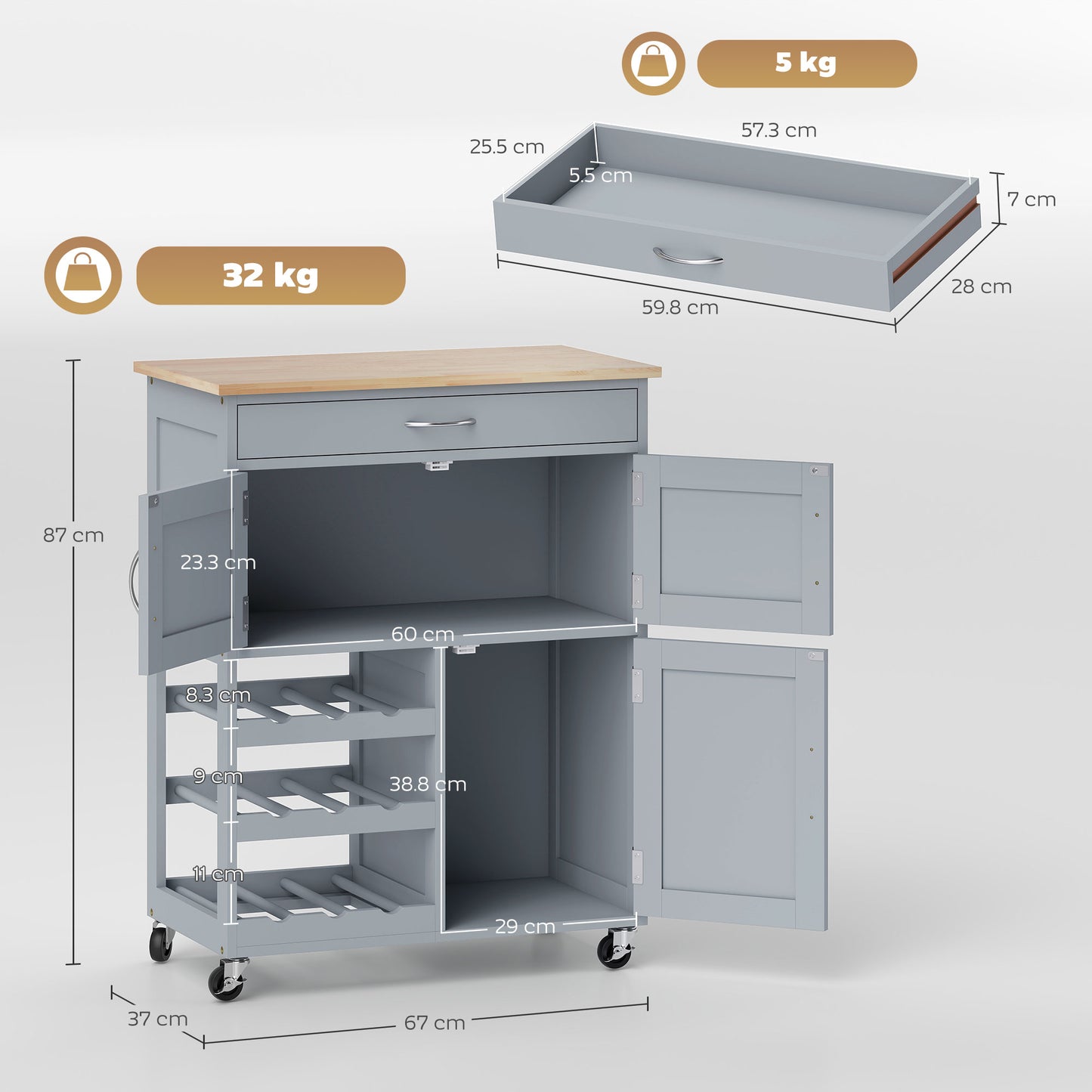 HOMCOM Modern Kitchen Trolley Rolling Island Storage Cart With Drawer 9 Bottle Wine Rack And Door Cabinets Grey