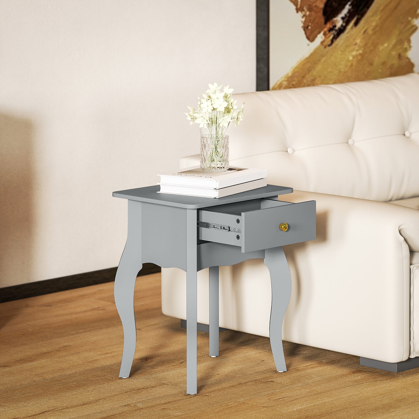HOMCOM French Style Side Table With Drawer In Grey Curved Silhouette Gold Tone Handle MDF