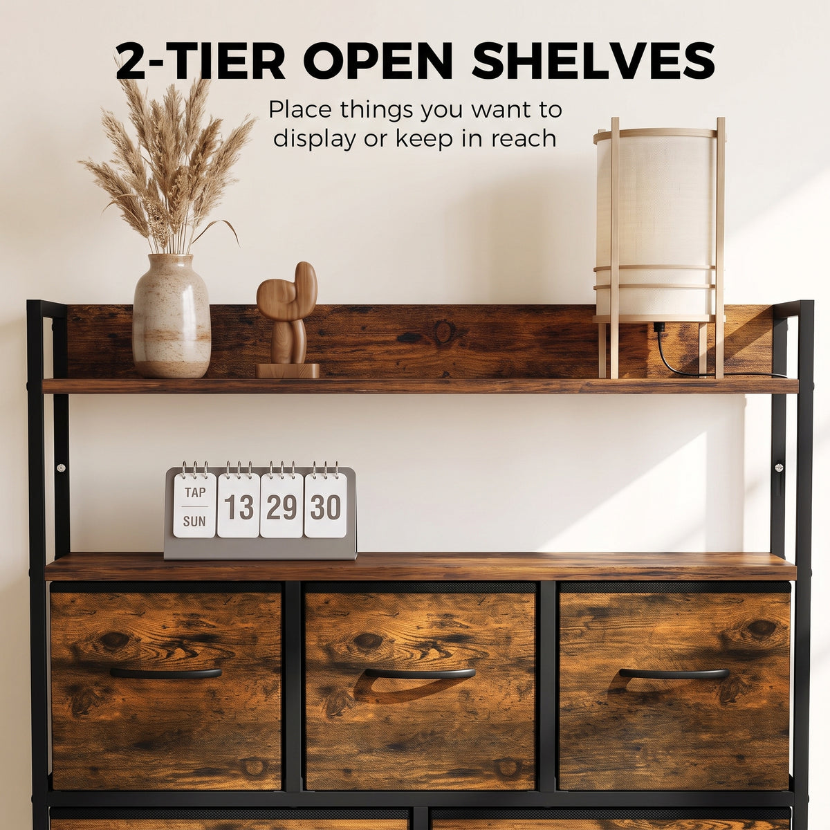 Rustic brown dresser with two-tier open shelves and three front drawer doors