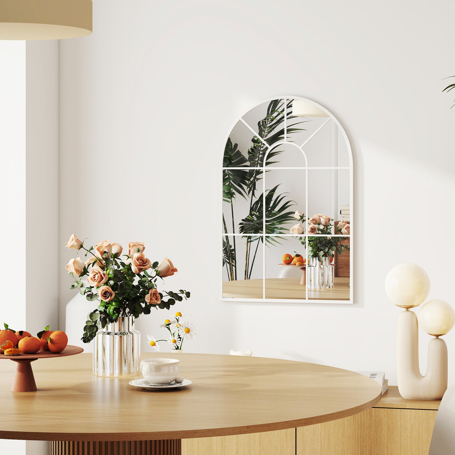 HOMCOM 90 x 61 cm Arched Grid Mirror White Wall Mounted With Metal Frame And Hooks