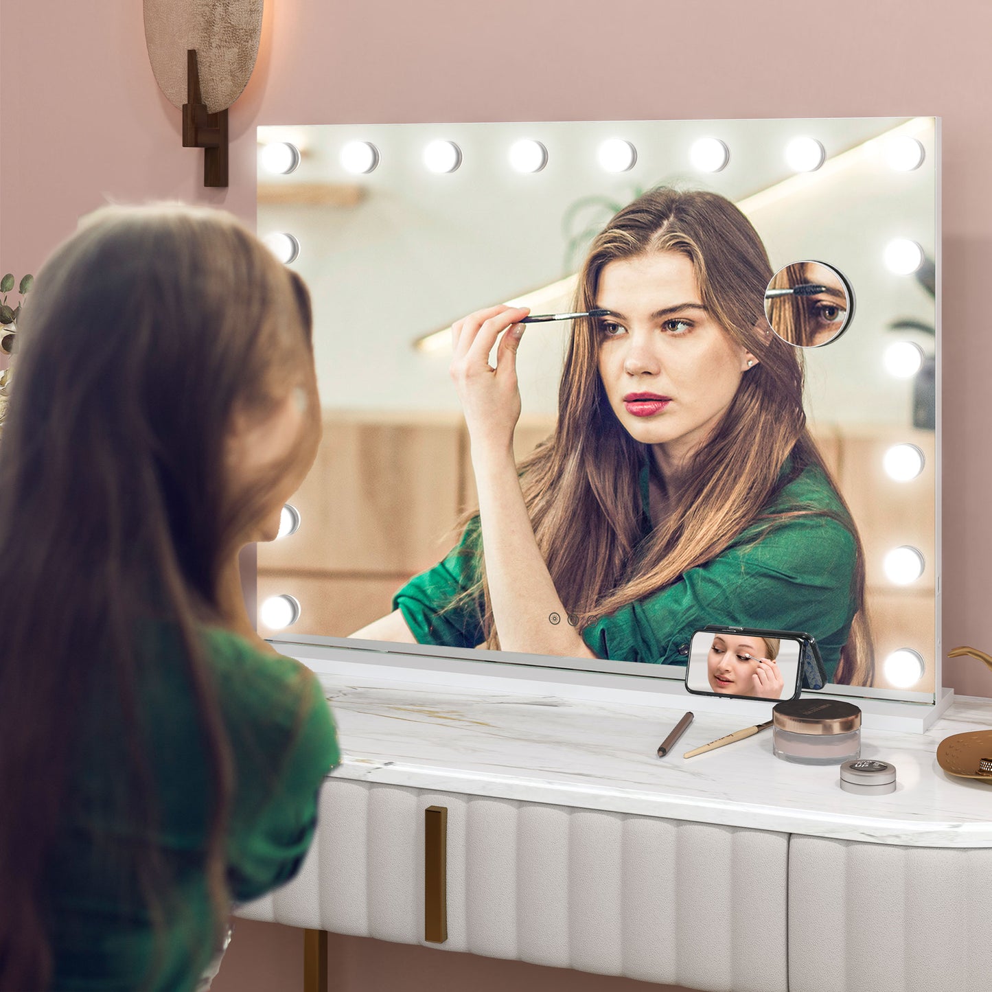 HOMCOM Hollywood Vanity Mirror With Lights 80x62 cm Large Lighted Makeup Mirror 18 LED 10X Magnifying USB Charging Port