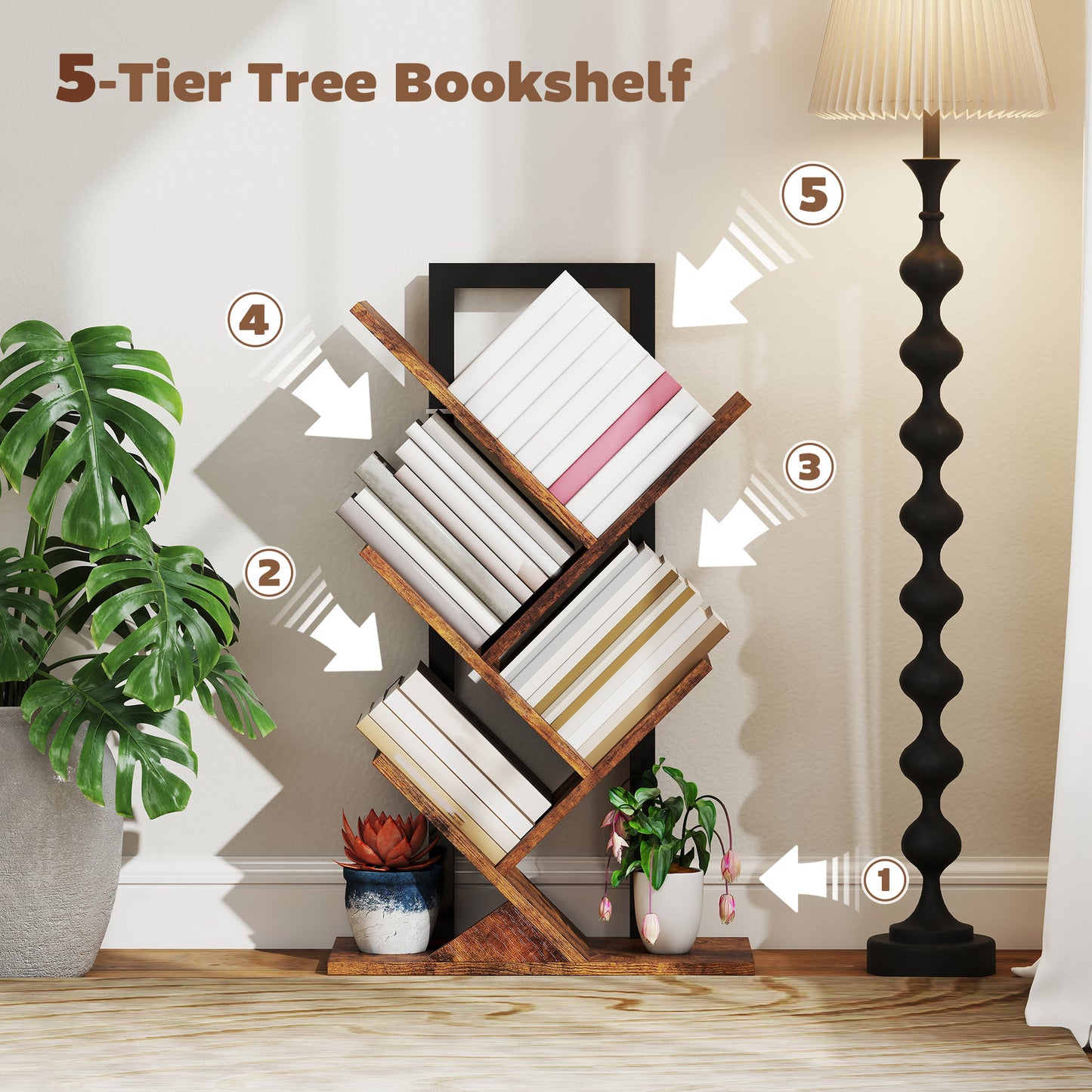 HOMCOM Four Section Tree Bookcase Wood Effect With Steel Frame And Particle Board Core For Books And Magazines