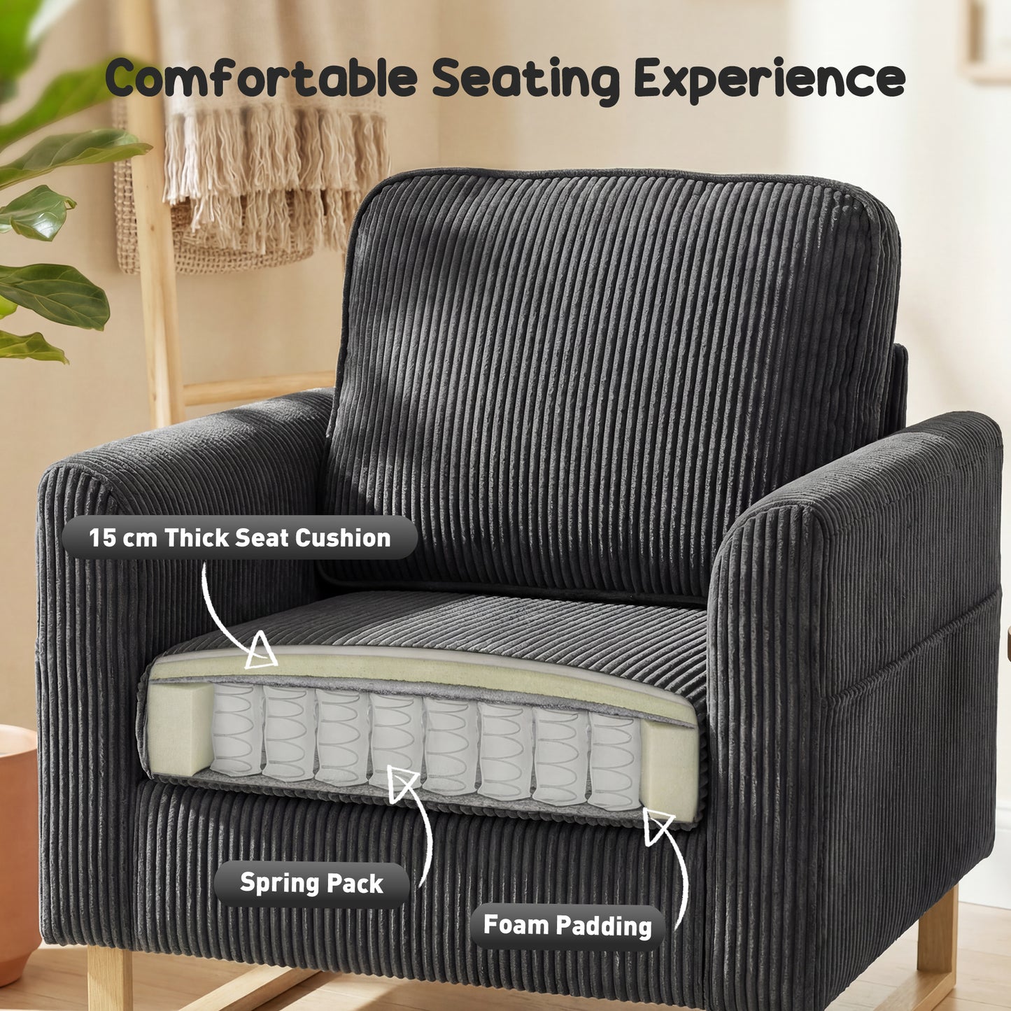 HOMCOM Accent Chair with Pocket Spring Modern Industrial Armchair with Metal Legs for Living Room Dark Grey