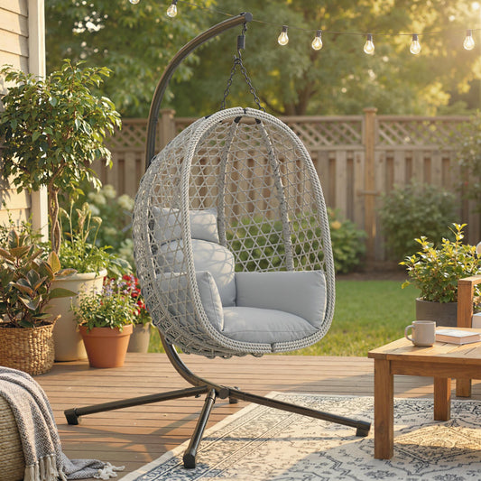 Outsunny Hanging Egg Chair With Stand Indoor Outdoor Rattan Hammock Swing Chair Safety Strap Foldable Basket Light Grey