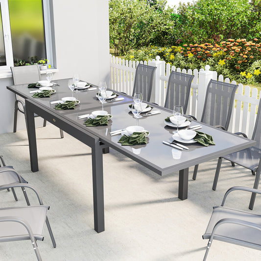 Outsunny Extending Garden Table for 6 to 10 People Aluminum Outdoor Dining Table with Tempered Glass Top Grey