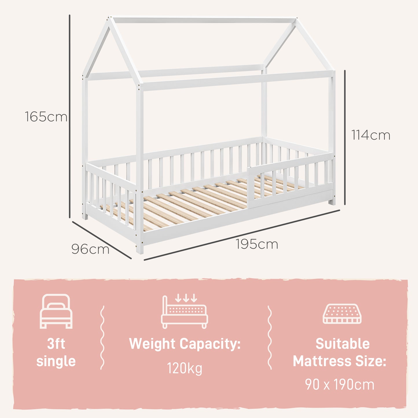 HOMCOM House Shaped Kids Bed Frame With Guard Rails In Solid Pine Wood Ideal Single Bed For Boys And Girls