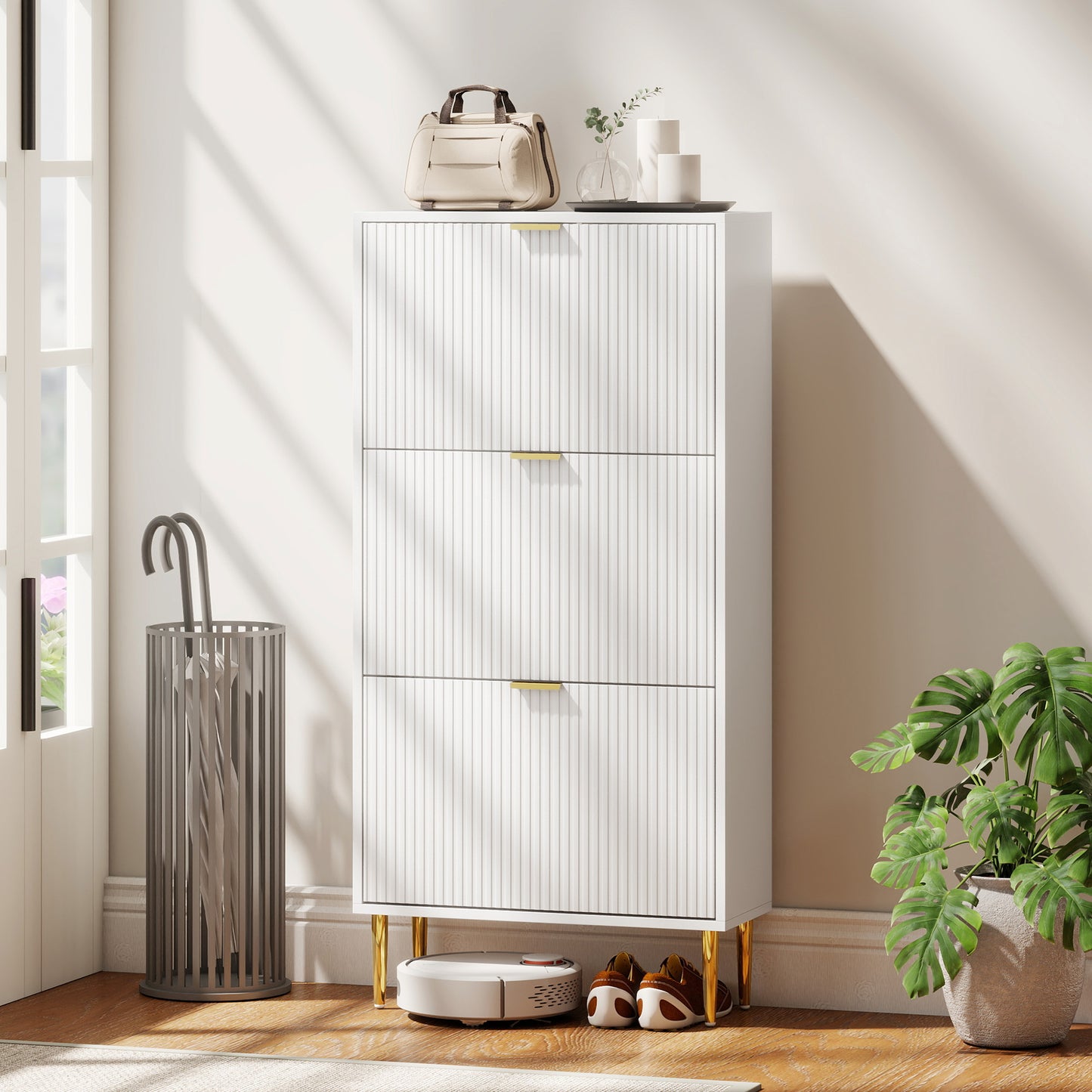 HOMCOM Elegant Three Drawer White Shoe Cabinet With Ridged Doors And Gold Accents