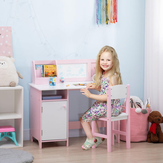 HOMCOM 2 PCs Childrens Table and Chair Set w/ Whiteboard Storage - Pink - ALL4U RETAILER LTD